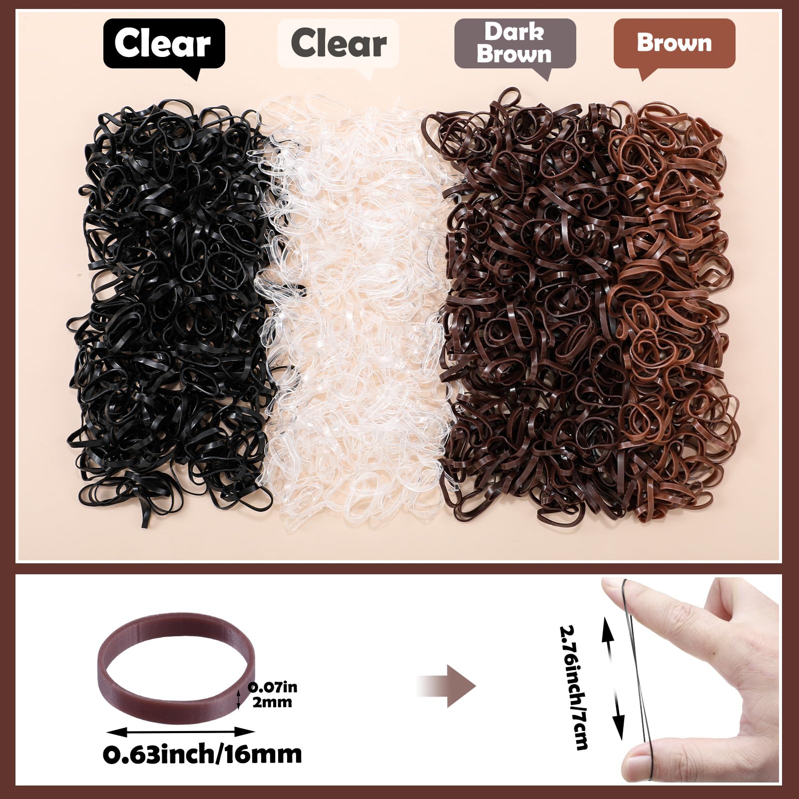 1500 Pcs Small Elastic Hair Bands - Black, Brown & Clear Mini Rubber Hair Ties for Women & Baby Girls | Includes Hair Comb & Elastic Cutter | Perfect for Ponytails, Braids & Everyday Hairstyles