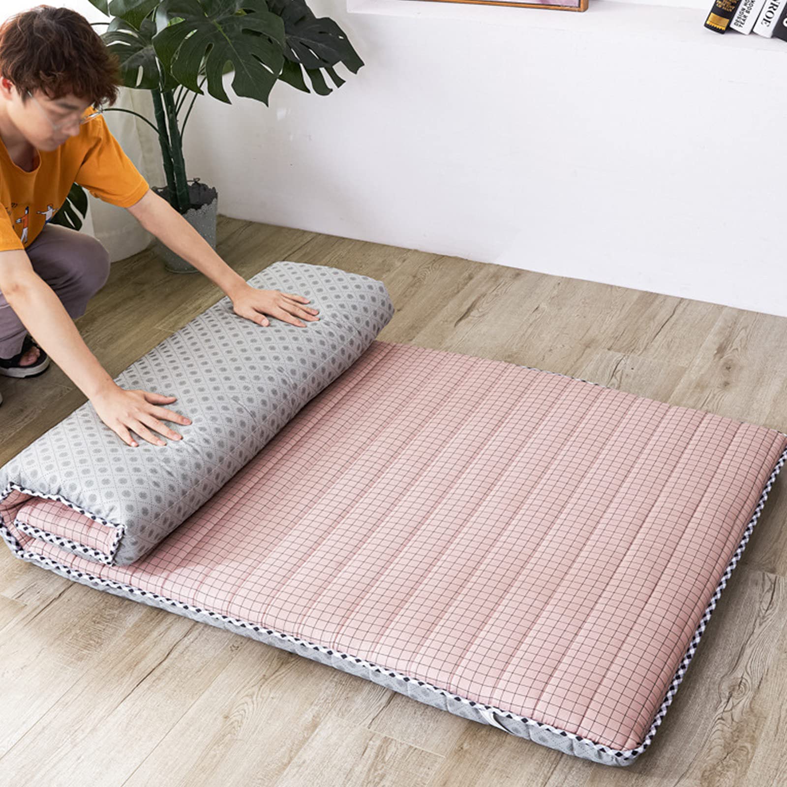 KKVV Japanese Thicken Futon Mattress - Foldable Roll-Up Floor Mattress for Dorm, Portable Sleeping Pad & Tatami Mat - All-Season Comfort in Pink Twin Size | Perfect for Small Spaces, Guest Beds & Camping