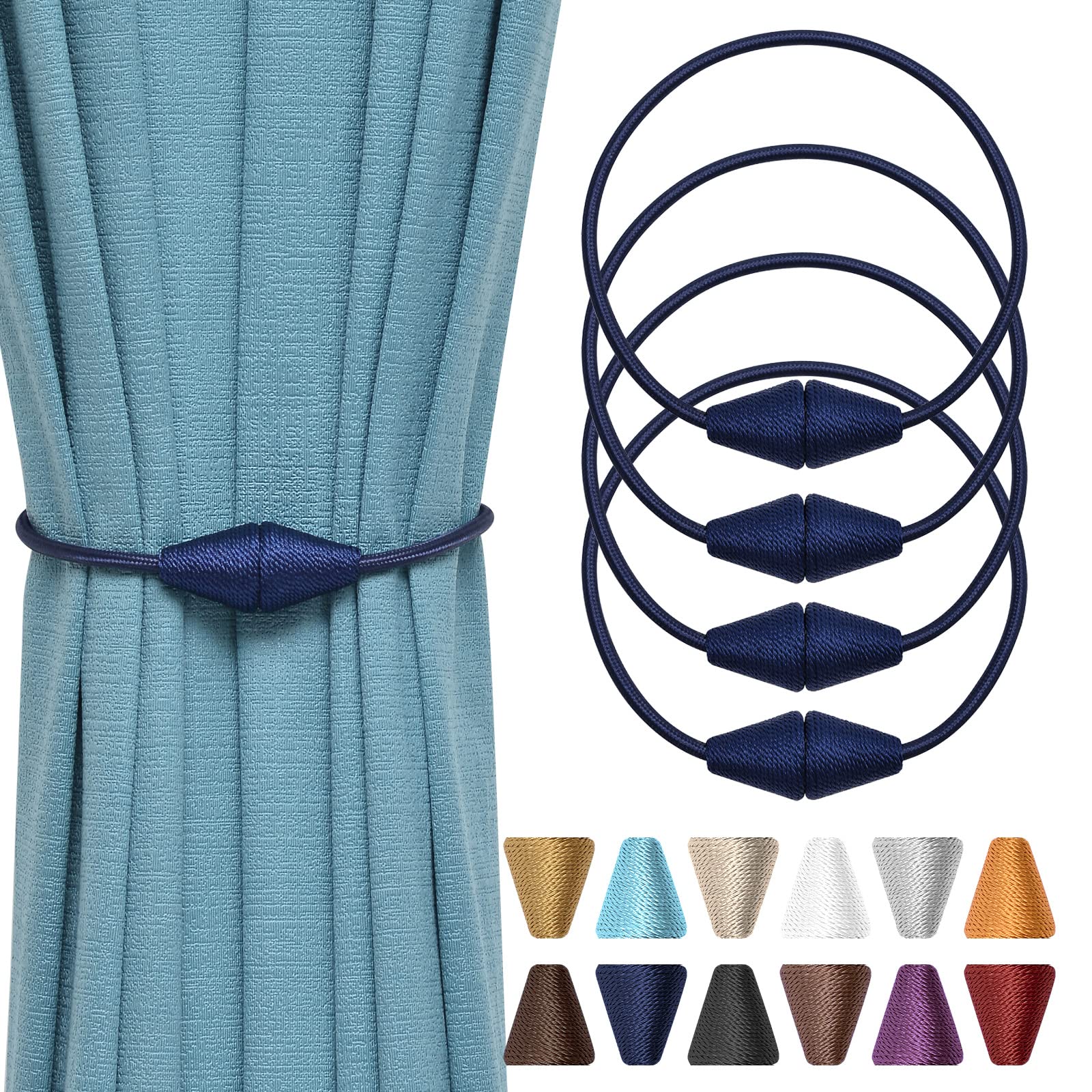 Upgraded Magnetic Curtain Tiebacks 4-Pack - 16 Inch Handwoven Rope Drapery Holdbacks for Windows, Dark Blue | Decorative Cone Design for Home & Office Drapes | Perfect for Living Rooms, Bedrooms & Office Spaces