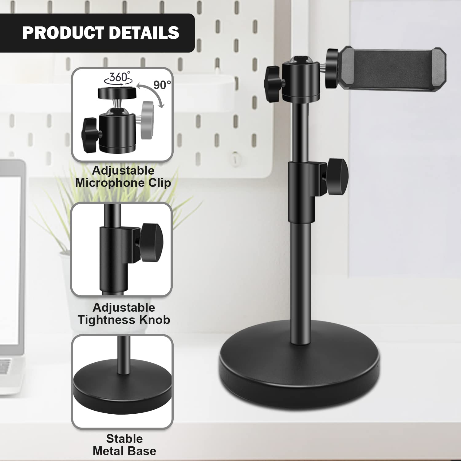 Adjustable Phone Stand for Desk - 360° Rotatable Phone Holder with Clip for iPhone 14/13/12 Pro, Samsung Galaxy S22, Webcams & Most Smartphones - Perfect for Video Recording, Zoom Meetings, Live Streaming & Hands-Free Viewing