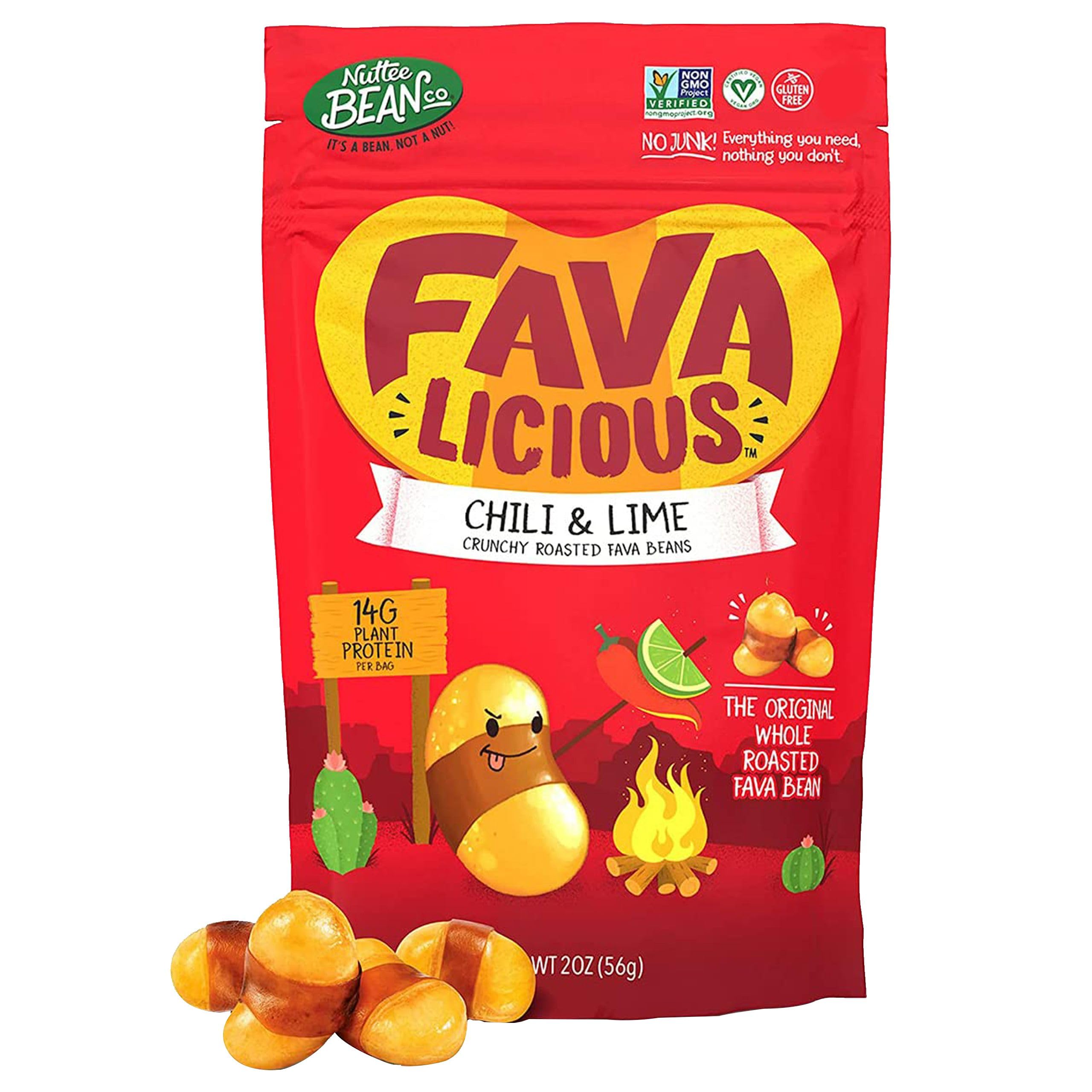 Nuttee Bean Favalicious Roasted Fava Bean Snacks - Vegan, Gluten-Free, Plant-Based Healthy Snacks for Adults & Kids - Chili Lime Flavor, 2oz (Pack of 12) - Perfect for Office, School, Travel & Movie Nights
