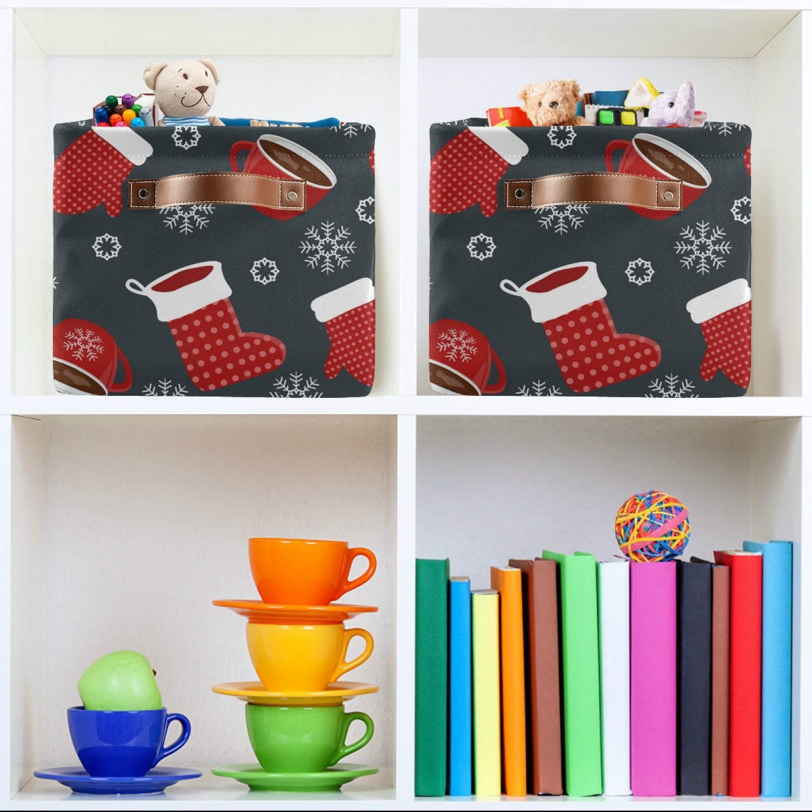 Susiyo Large Foldable Storage Bins - Collapsible Fabric Storage Baskets with PU Handles for Christmas Socks, Mittens & Home Organization (2-Pack) | Perfect for Shelves, Closet, Bedroom & Living Room Decor