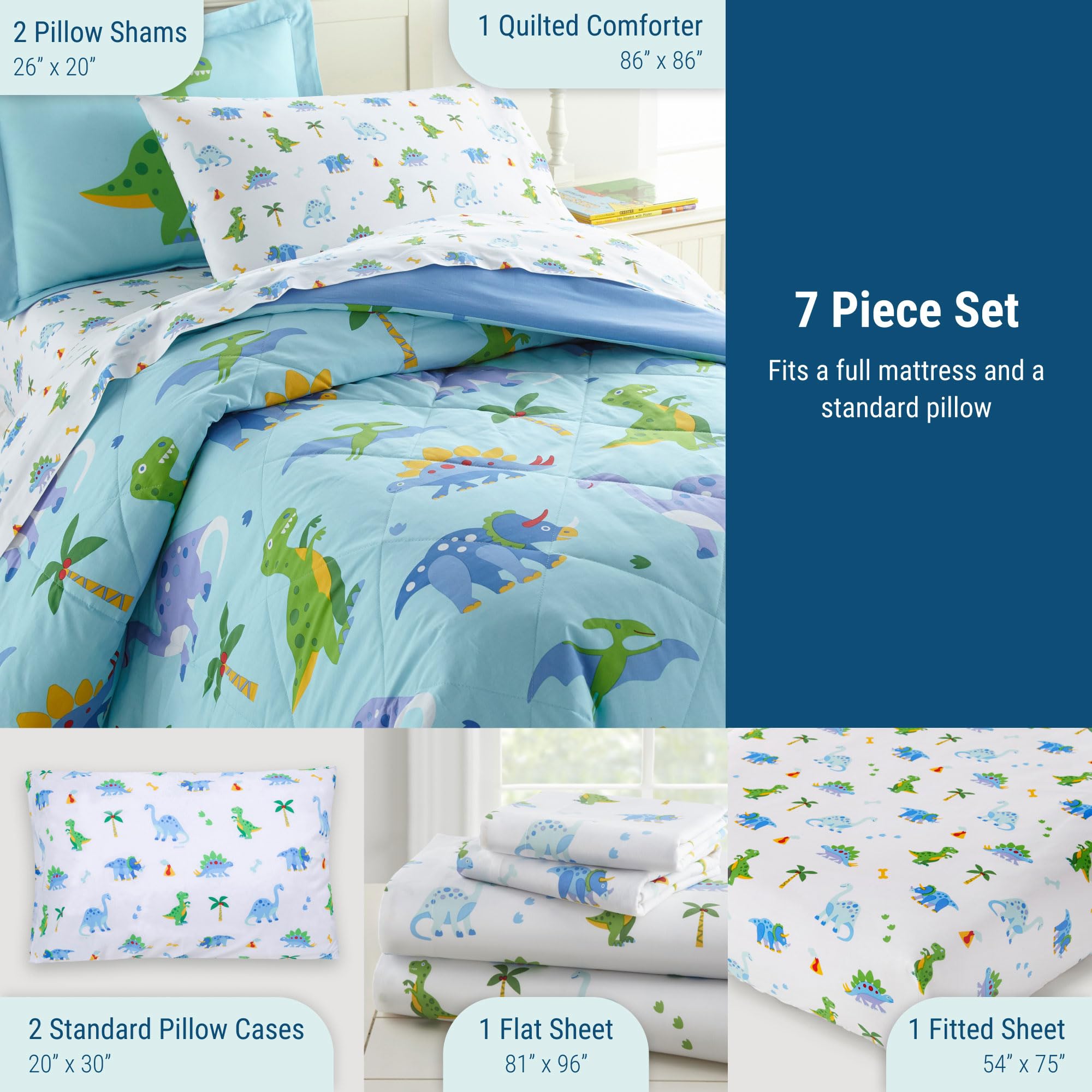 Wildkin 7-Piece Full Bedding Set - 100% Cotton Comforter, Sheets & Pillowcases - Soft & Breathable Dinosaur Themed Bedding for Kids & Teens - Perfect for Bedrooms, Sleepovers & Cozy Nights