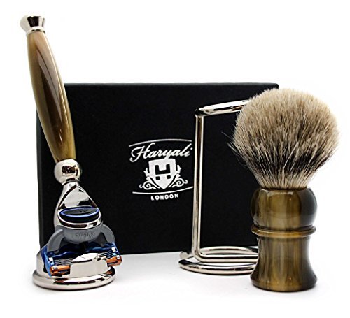 4 Piece Men's Shaving Kit with 5-Blade Razor, Silver Tip Badger Hair Shaving Brush & Stainless Steel Stands - Premium Grooming Set for Men | Perfect for Travel, Home Use & Gift Giving