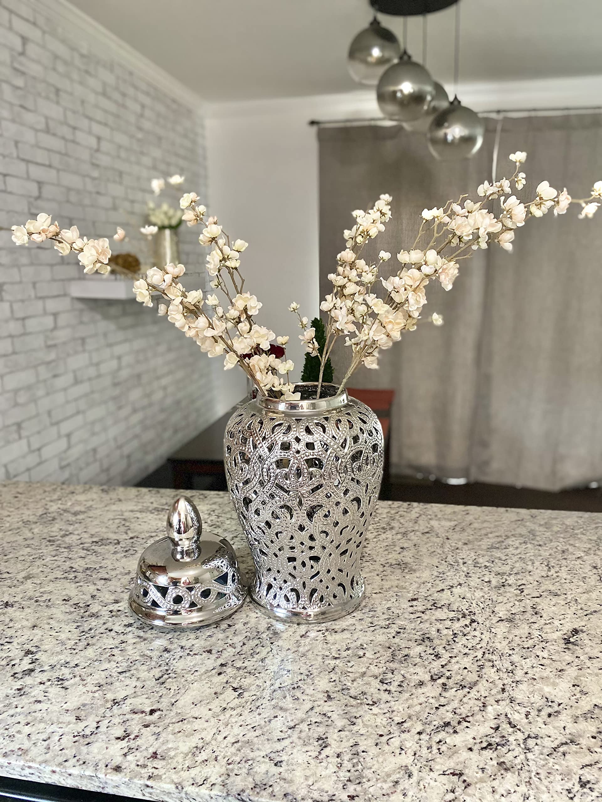 Noori Home - 100% Modern Glam Artisan Ceramic PARKER Large Silver Ginger Jar Urns with Lid 11x11x25 - Elegant Home Decor for Living Room, Dining Table & Wedding Centerpiece