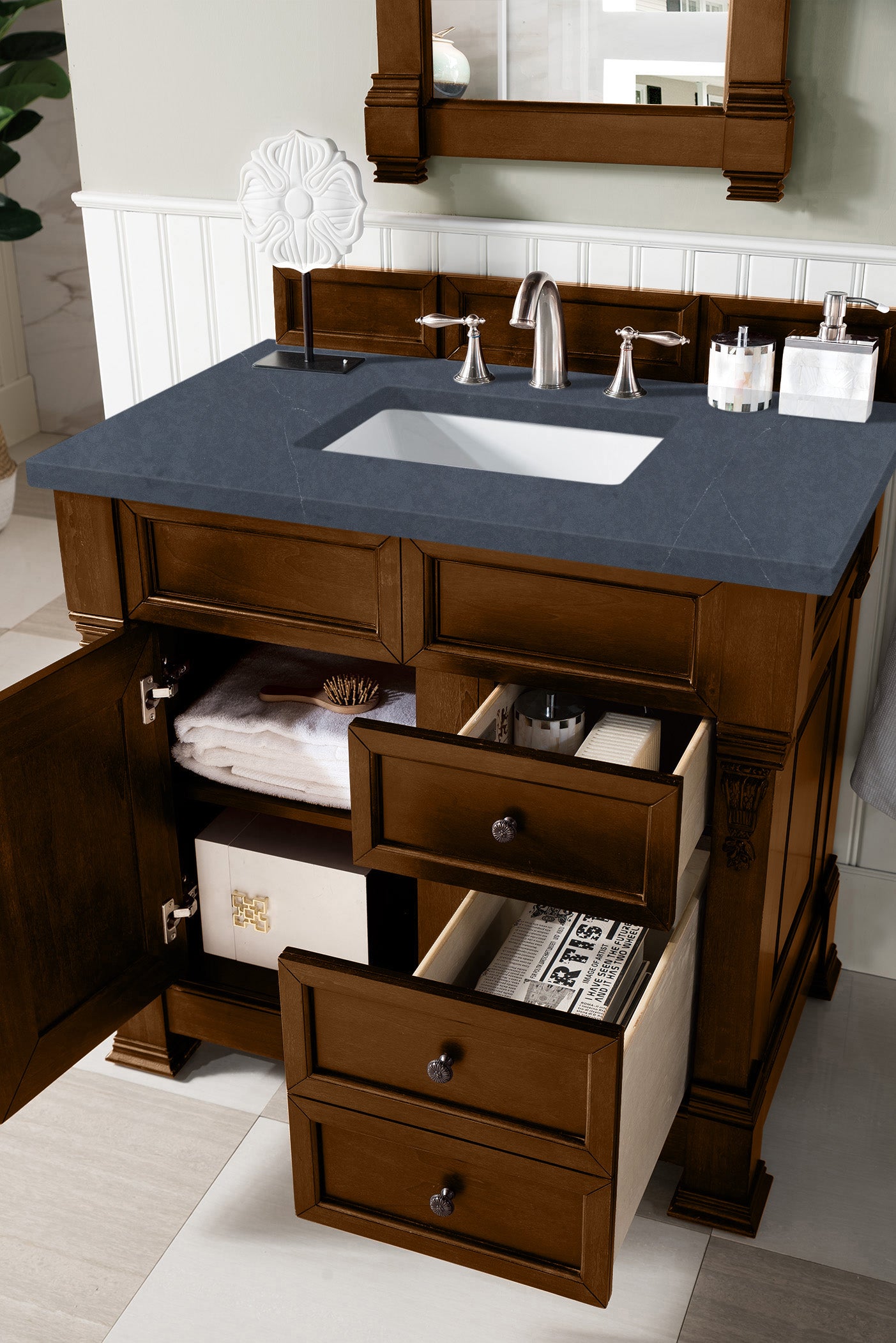 Brookfield 36 Inch Single Bathroom Vanity in Country Oak with 3CM Charcoal Soapstone Quartz Top - Perfect for Modern Farmhouse & Rustic Bathroom Decor