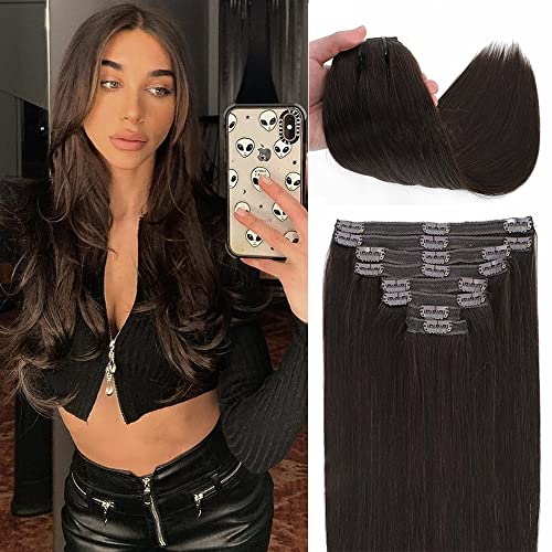 Goulus 8Pcs 120g Brazilian Human Hair Clip In Extensions for Women - 22 Inch Dark Brown (#2) with 18 Clips | Natural Looking Volume & Length | Perfect for Parties, Weddings & Daily Styling
