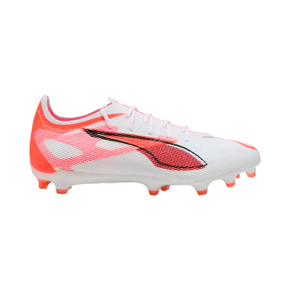 Puma Ultra 5 Pro FG/AG Soccer Cleats for Men - Lightweight Football Boots in White/Black/Glowing Red - Perfect for Artificial Grass & Firm Ground - Ideal for Competitive Matches & Training Sessions