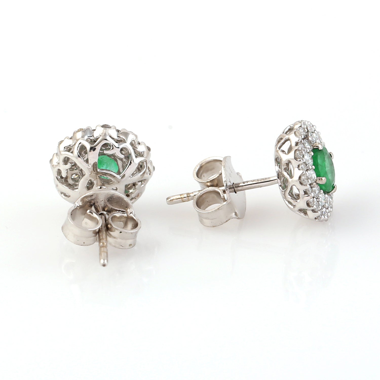 14K White Gold Prong Emerald Pave Diamond Halo Stud Earrings for Women - Elegant Jewelry Gift for Birthday, Anniversary & Special Occasions