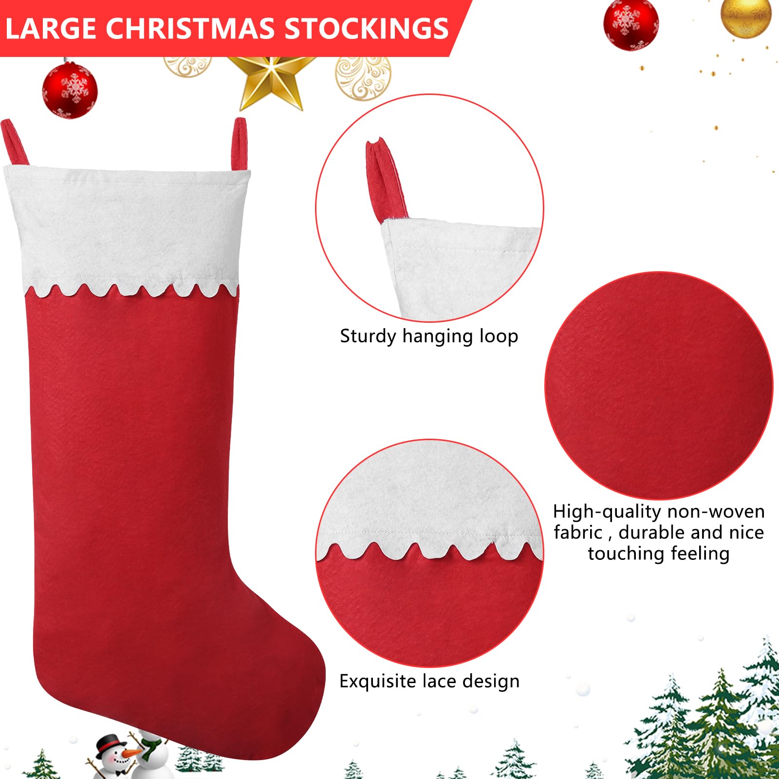 2 Pack Jumbo 38-Inch Red & White Felt Christmas Stockings - Large Holiday Stockings for Fireplace, Xmas Tree Decor - Perfect for Family Home Decorations, Christmas Parties & Festive Gift Giving