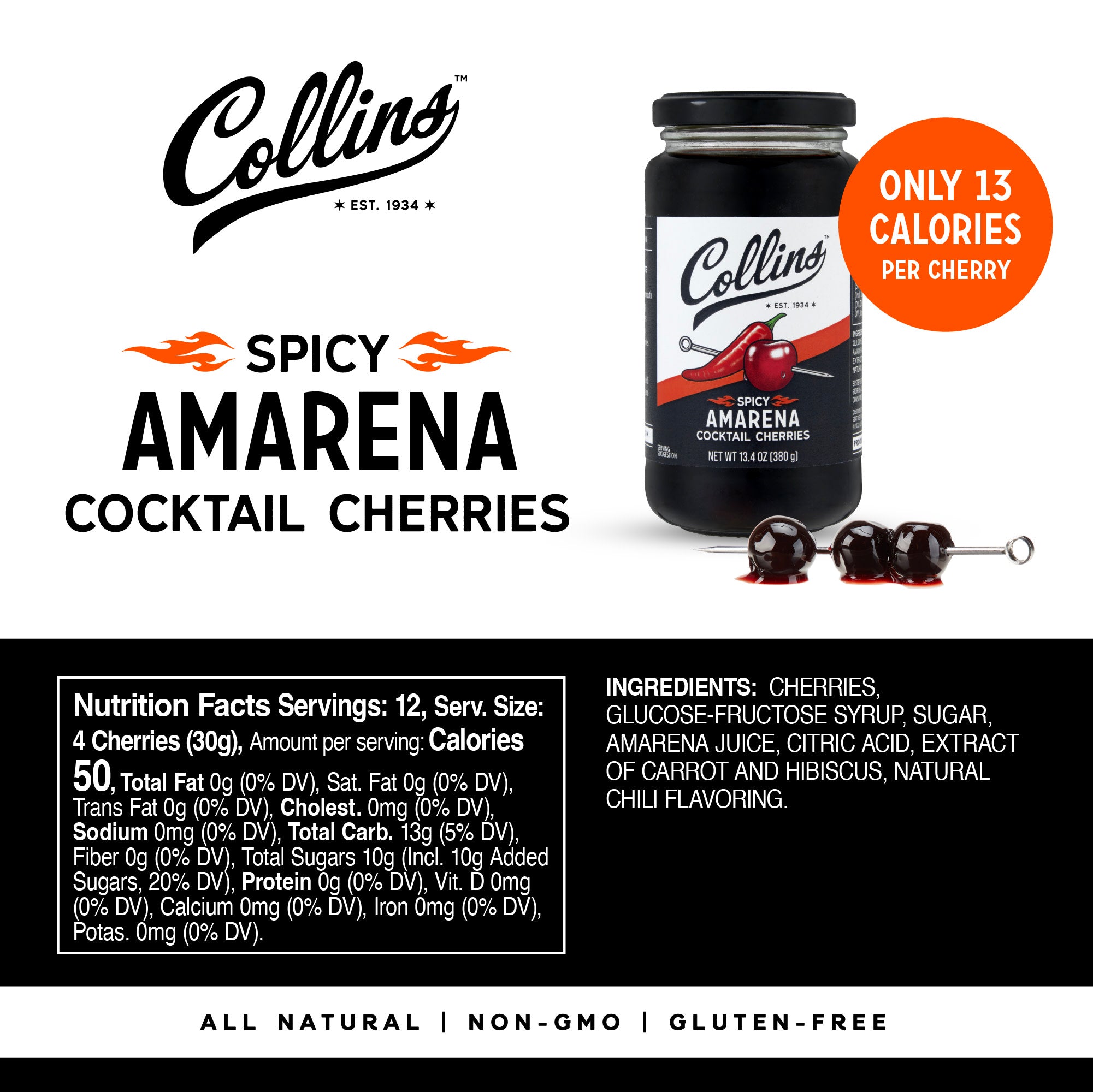 Premium Spicy Amarena Cherries 13.4 oz Jar - Gourmet Italian Cocktail Cherries for Desserts, Drinks & Charcuterie Boards