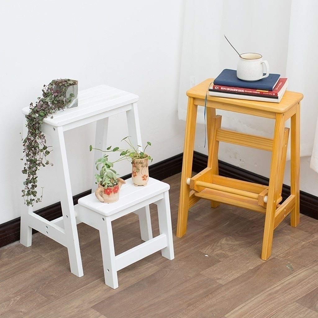 2 Step Wooden Stool for Adults & Kids - Foldable Stepladder for Kitchen, Bathroom, Outdoor Use - Non-Slip Safety Design - Portable Shoe Bench & Flower Stand - Yellow (Perfect for Home, Garden, and DIY Projects)