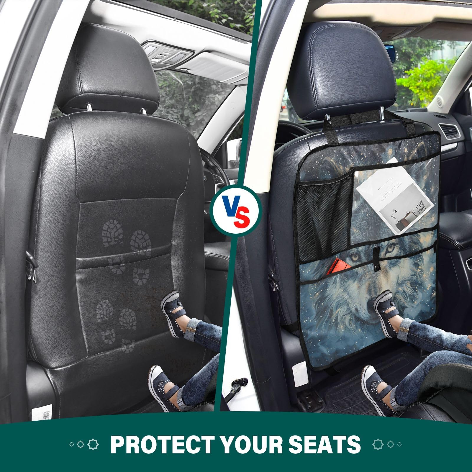 ODAWA Starry Wolf Car Seat Organizer 2 Pack - Back Seat Protector with Storage Pockets for Road Trips, Family Travel, and Daily Commutes