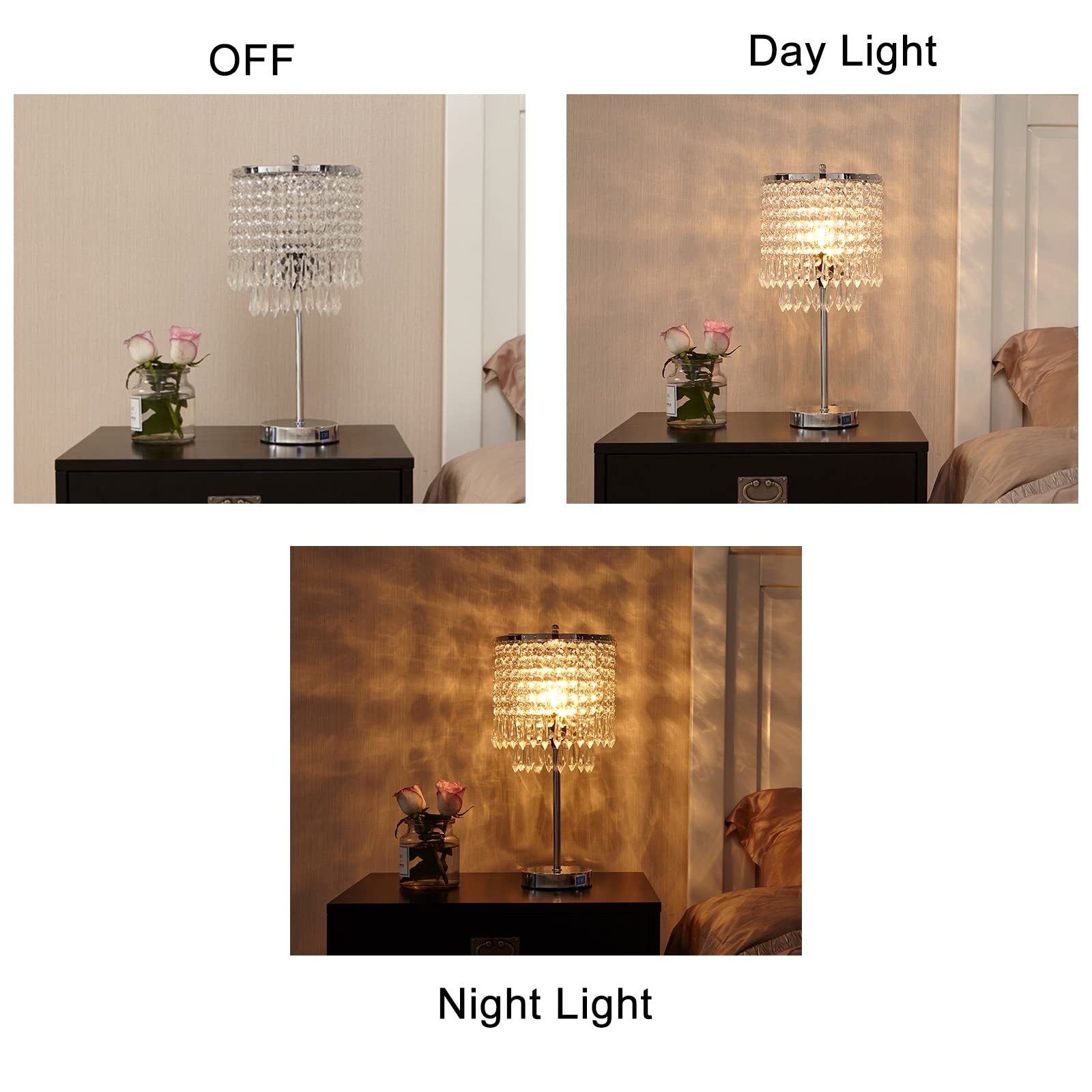 Crystal Table Lamp with Touch Control & Dual USB Ports - 3-Way Dimmable Silver Nightstand Lamp for Bedroom, Living Room, Office - Perfect for Reading, Decor & Charging Devices