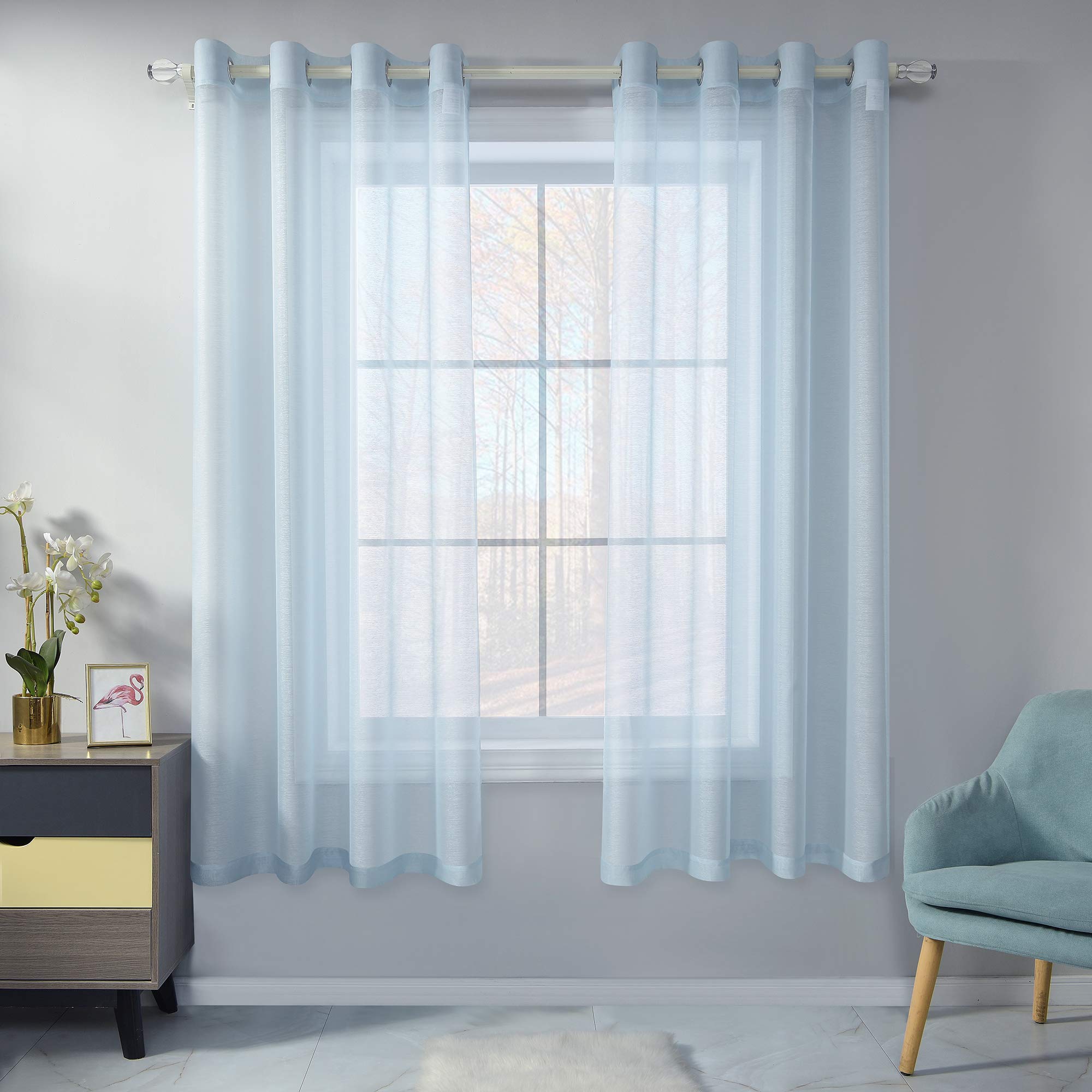 Baby Blue Sheer Curtains 63 Inch Length - Set of 2 Panels Voile Drapes with Grommet Top for Girls & Boys Bedroom, Laundry Room - Light Blue Textured Translucent Window Curtains 52 x 63 Inches - Perfect for Nursery, Living Room & Sunlight Filtering