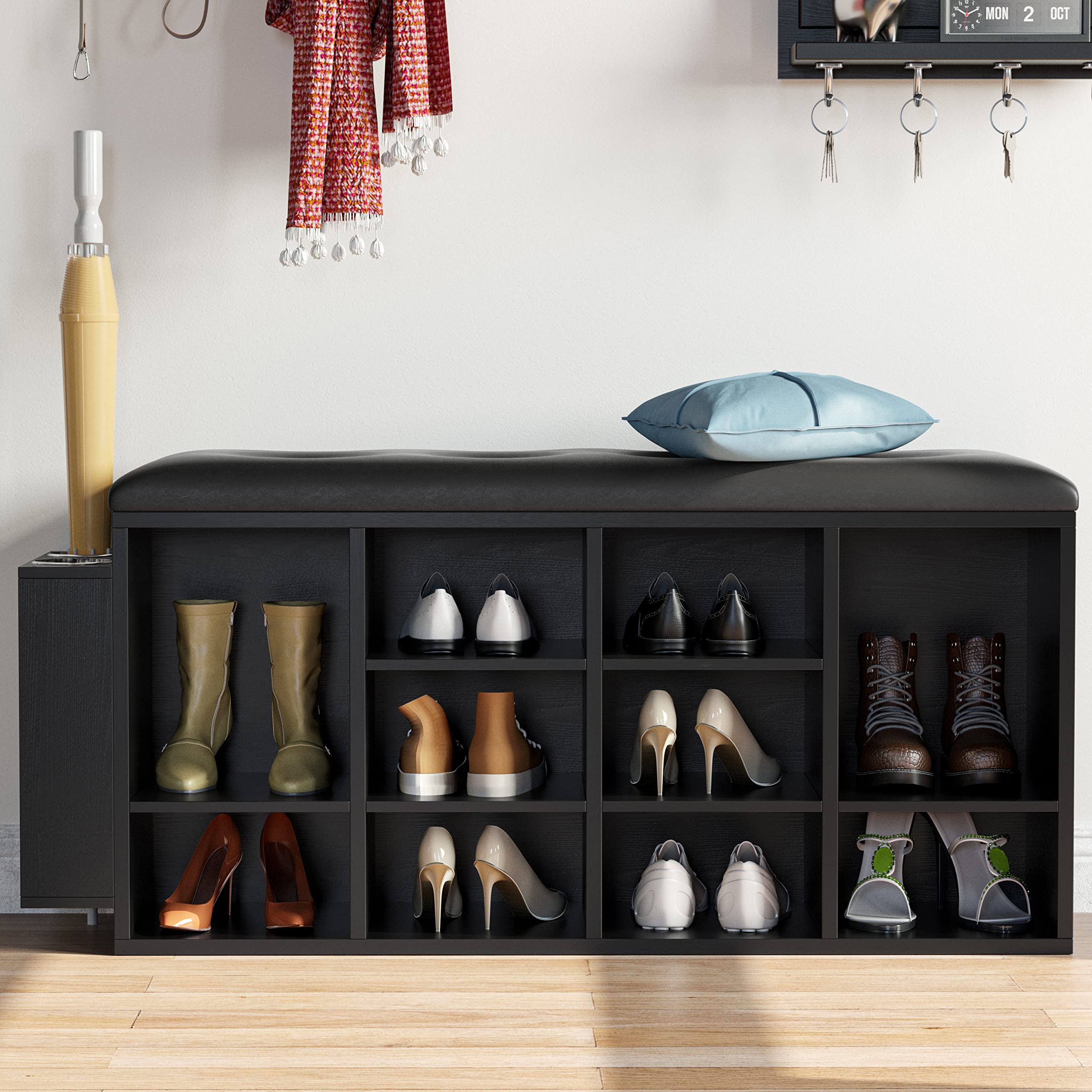 IRONCK 10-Cubby Shoe Storage Bench with Adjustable Shelves - PU Leather Entryway Organizer for Shoes, Hats & Accessories - Perfect for Living Room, Bedroom, Hallway & Mudroom Organization