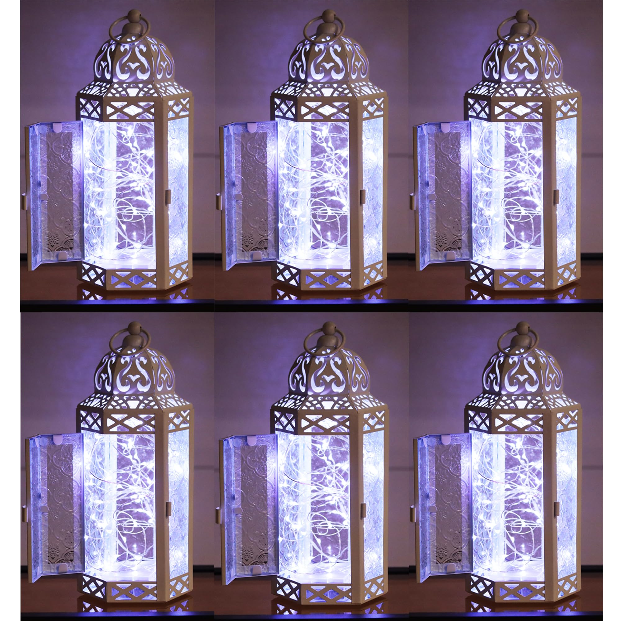 VELA Moroccan Style LED Candle Lanterns - Set of 6 Metal Decorative Fairy Lights for Indoor Home Decor, Wedding Centerpieces, Outdoor Patio & Porch Lighting - White Medium Size for Romantic Ambiance & Party Decorations