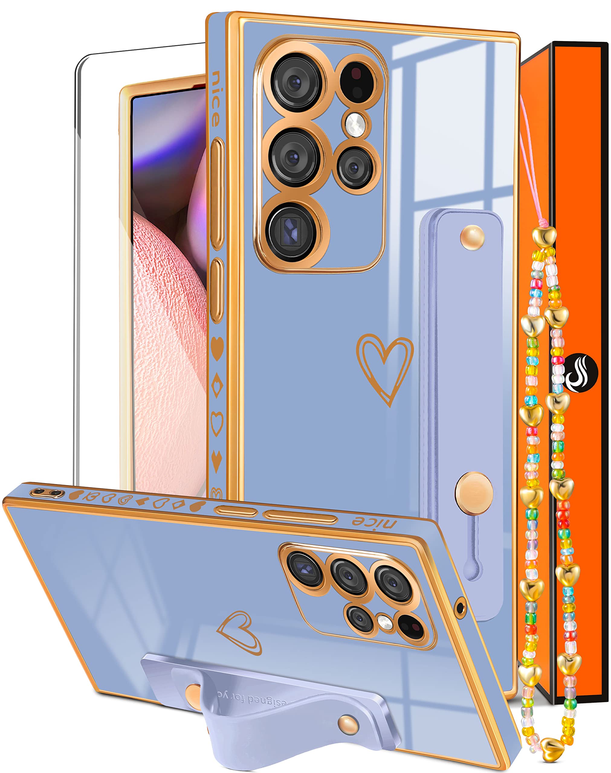 3-in1 Luxury Cute Heart Design Samsung Galaxy S22 Ultra Case for Women - Trendy Blue & Gold Plating with Loop Chain (6.8 Inch) - Perfect for Daily Use, Gift Giving & Fashion Accessories