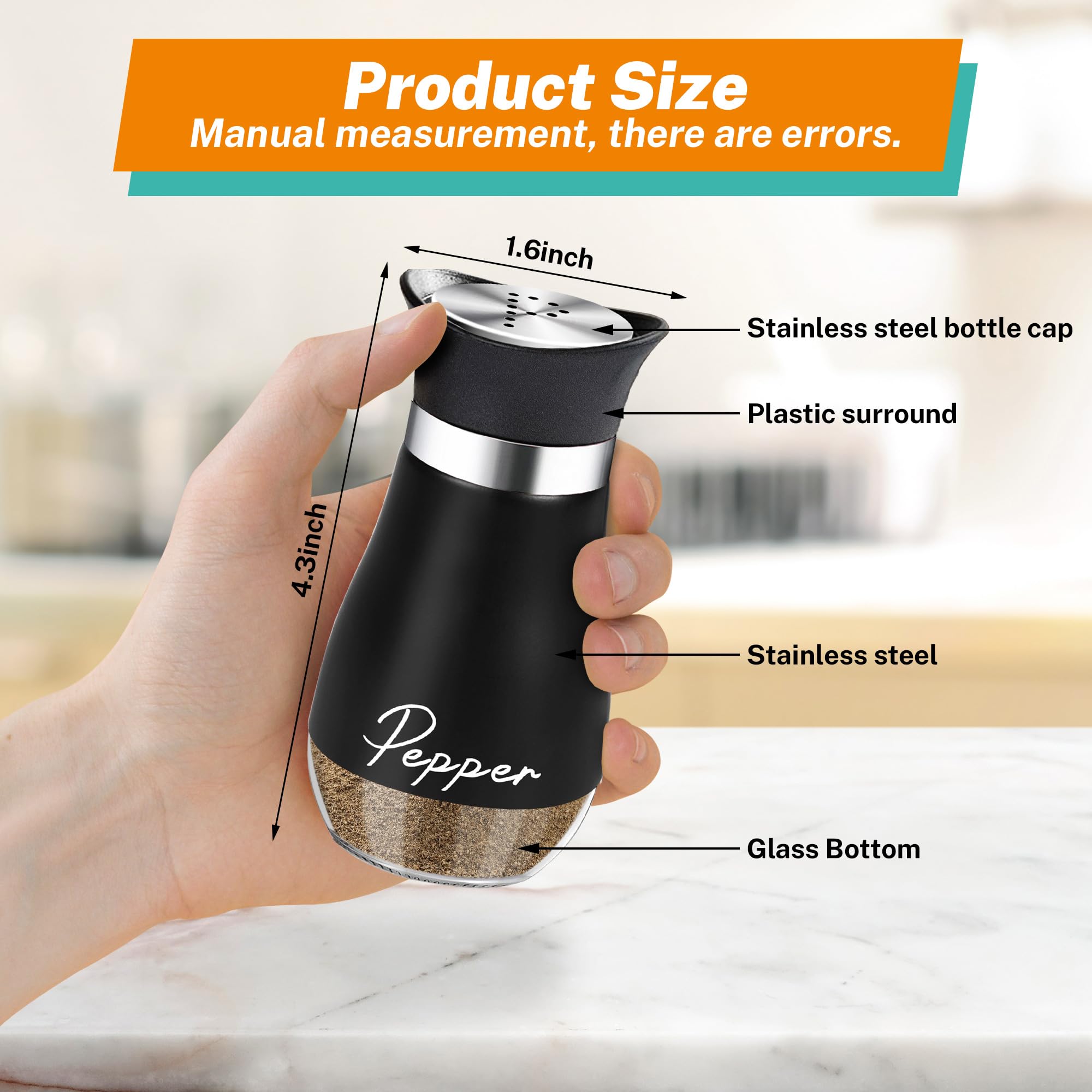 Premium 4 oz Glass Salt and Pepper Shakers Set with Stainless Steel Lids - Refillable Kitchen Essentials for Cooking, Dining Table, RV Camping & BBQ (White + Black) - Ideal for Home, Restaurant & Outdoor Use