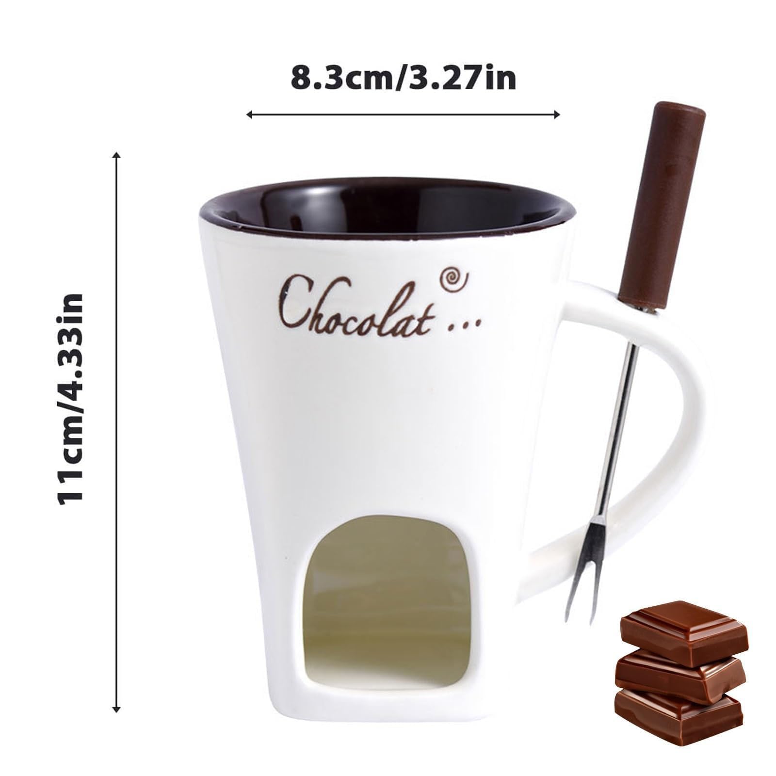 Tealight Fondue Cups Set - Mini Ceramic Chocolate Melting Mug with Fork, Black - Perfect for Romantic Dinners, Dessert Parties & Fondue Nights