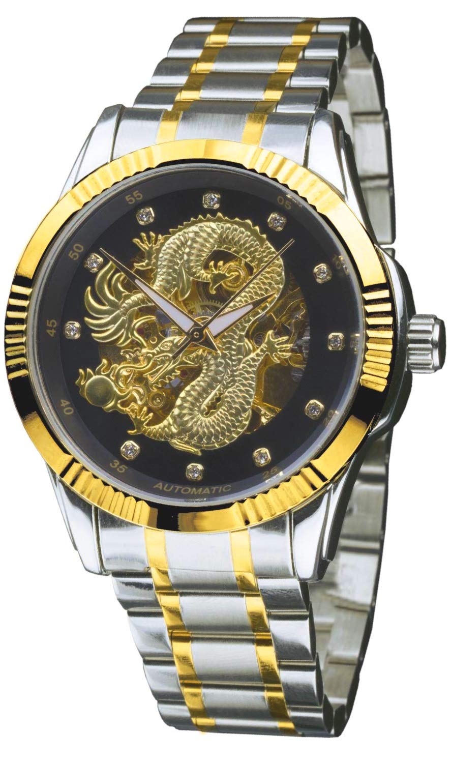 Premium Automatic Men's Watch with Golden Chinese Dragon Dial - Black Surround & Crystal Markers - Two-Tone Gold/Steel Finish - Luxury Dress Watch for Business & Formal Occasions