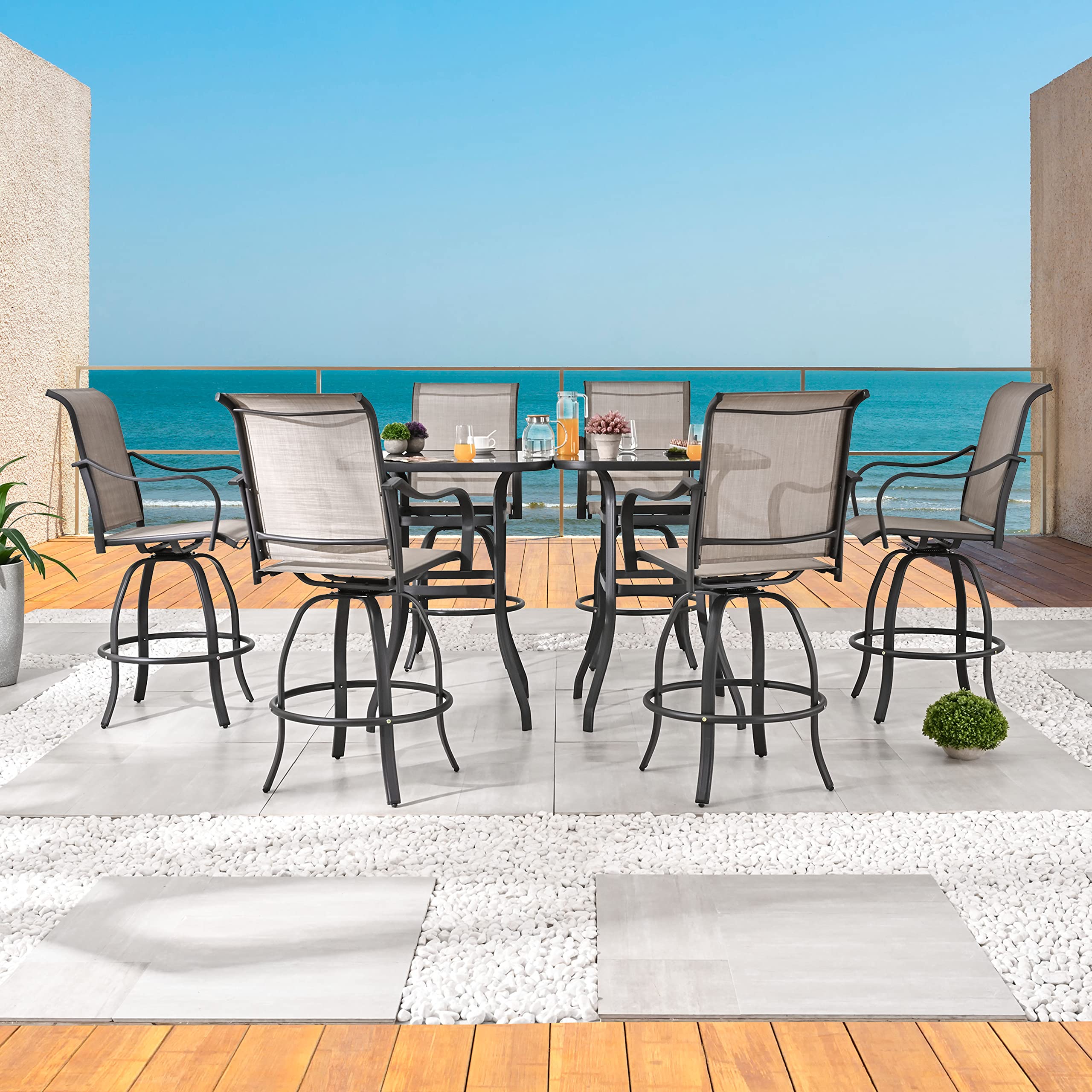 8-Piece Bar Patio Dining Set - 360° Swivel Bar Stools & Square Table with Tempered Glass Top - Outdoor Bistro Furniture for Garden, Deck, Poolside (Taupe)