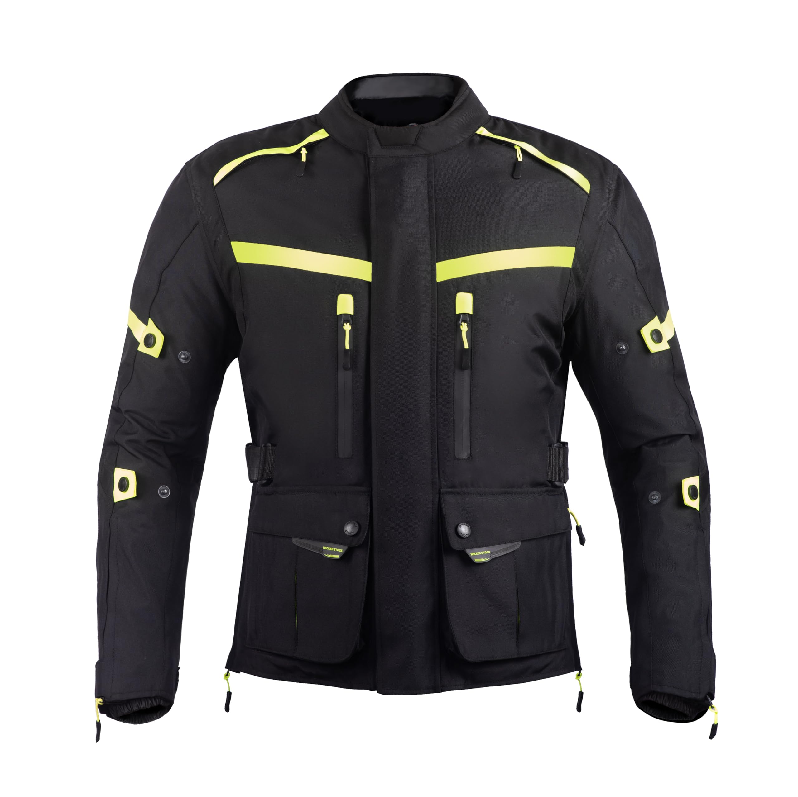 WICKED STOCK CE Level 2 Certified Waterproof Motorcycle Jacket for Men - Reflective Armored Biker Jacket with 8 Pockets & Adjustable Biceps, Forearms, Waist - 4 Season Riding Gear for Commuting, Touring & Adventure Motorcycling