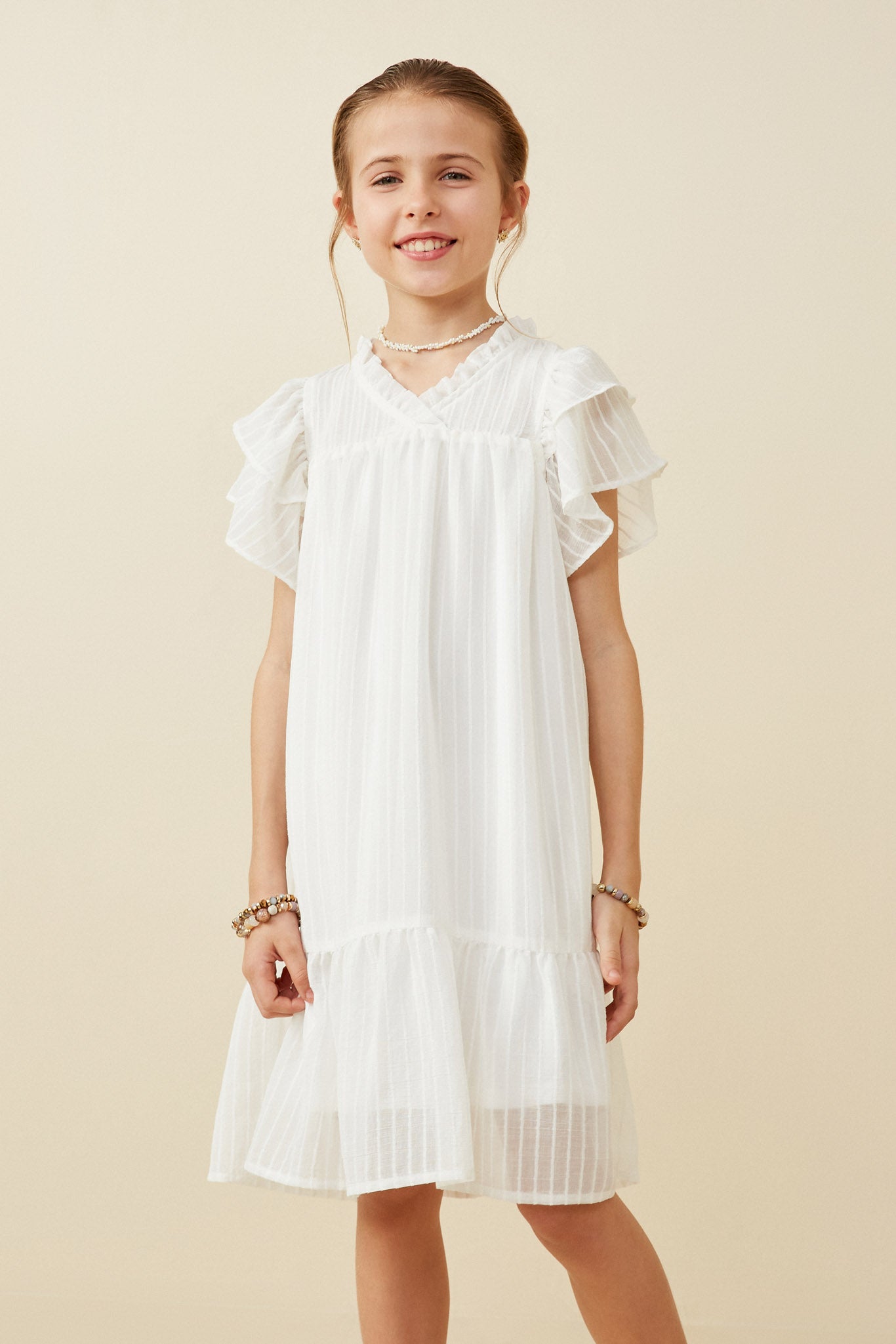 Elegant Striped Ruffle Sleeve V-Neck Dress for Women | Flowy Summer Dress for Beach, Party & Date Night | Fashionable Textured Dress for Casual & Special Occasions