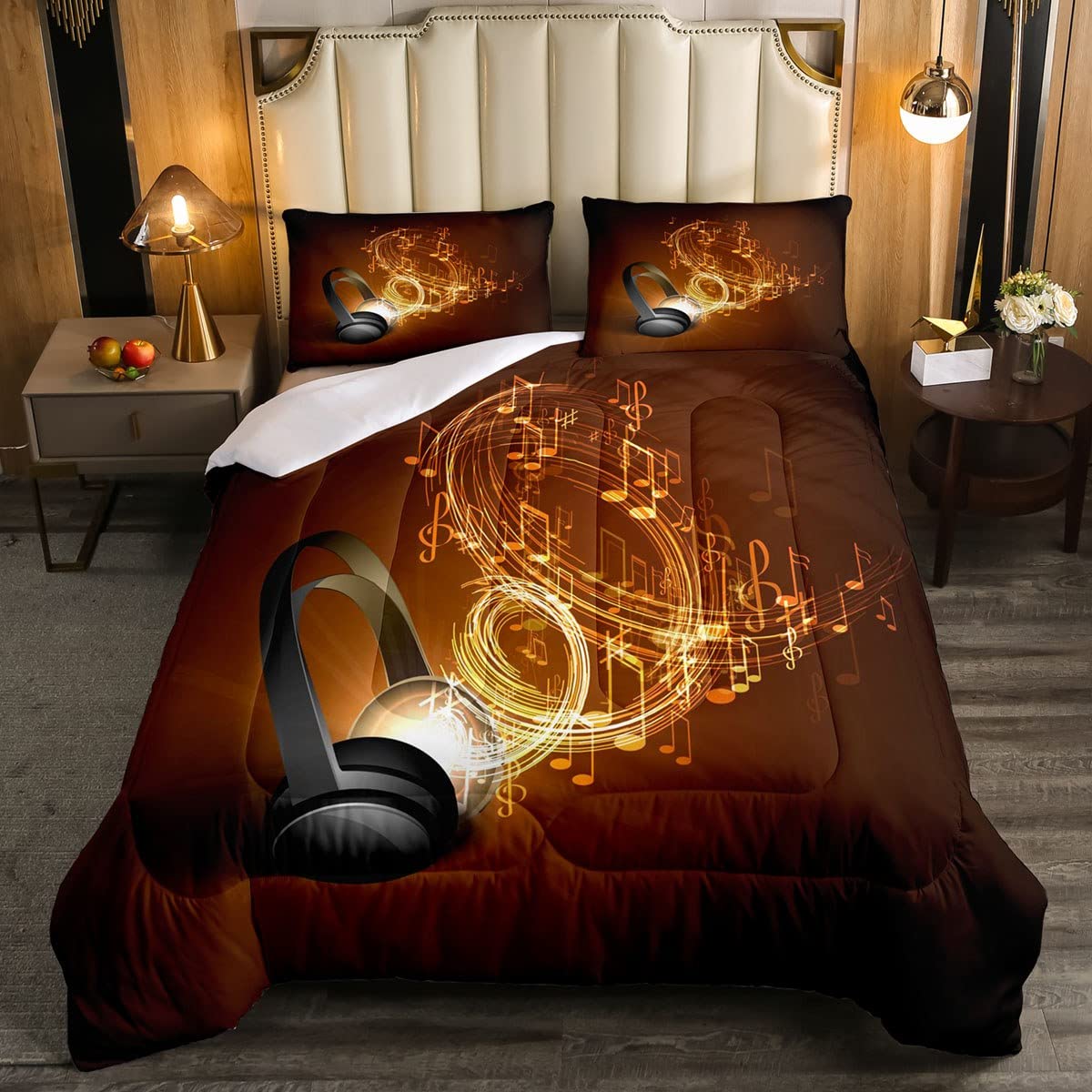 Feelyou Boys Headphones Comforter Set - Rock Music Themed Bedding for Kids, Girls & Teens - Musical Note Pattern Quilt Set (Brown/Black, Queen Size 3Pc) - Perfect for Music Lovers' Bedroom Decor & Gift Ideas