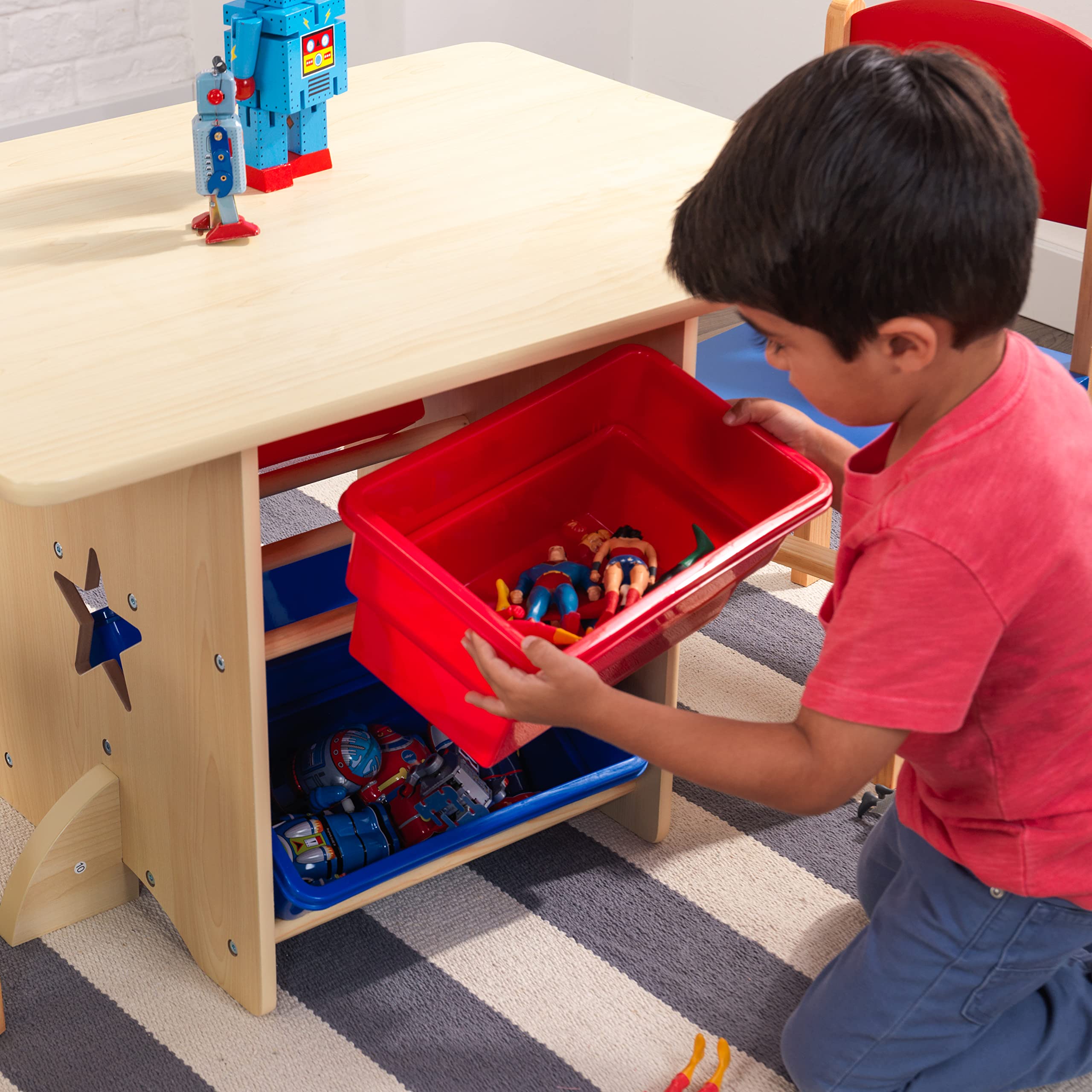 KidKraft Wooden Star Table & Chair Set with 4 Storage Bins - Kids Study Desk & Play Table for Toddlers, Red, Blue & Natural - Perfect for Preschool Learning, Arts & Crafts, and Playroom Activities