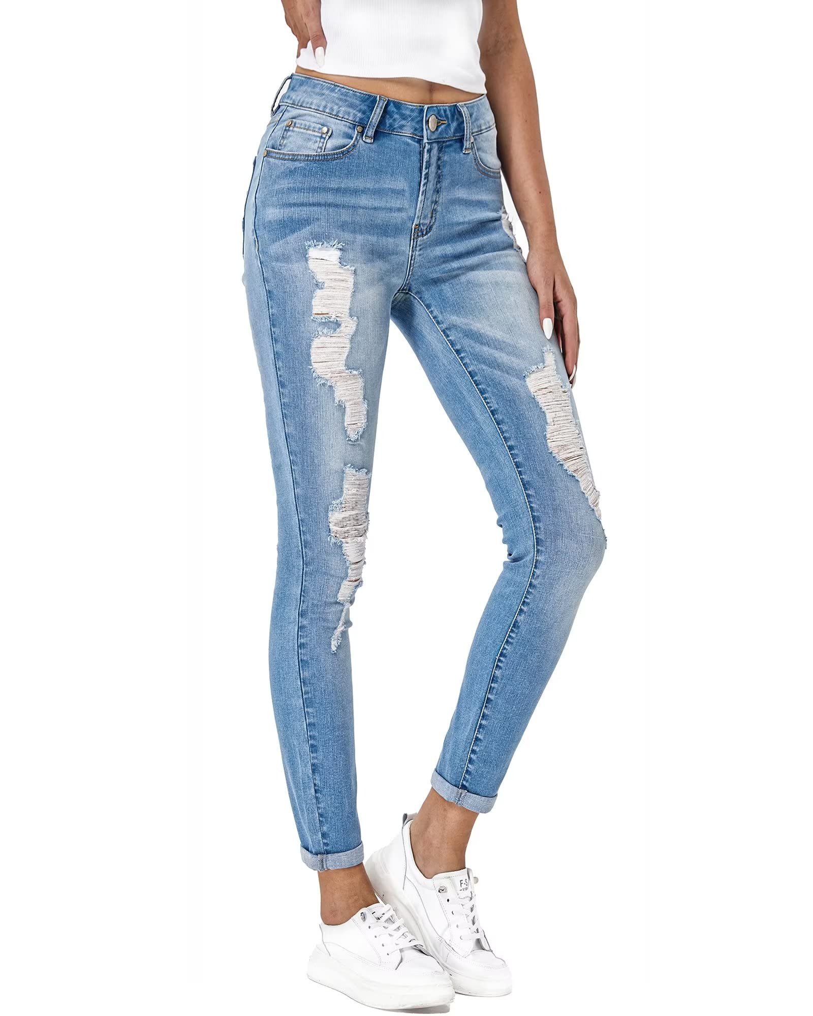 RHODANTHE Women's Ripped Boyfriend Jeans - Stretch Skinny Distressed Denim with Holes | Trendy Straight Leg Jeans for Casual Outfits, Street Style & Everyday Wear
