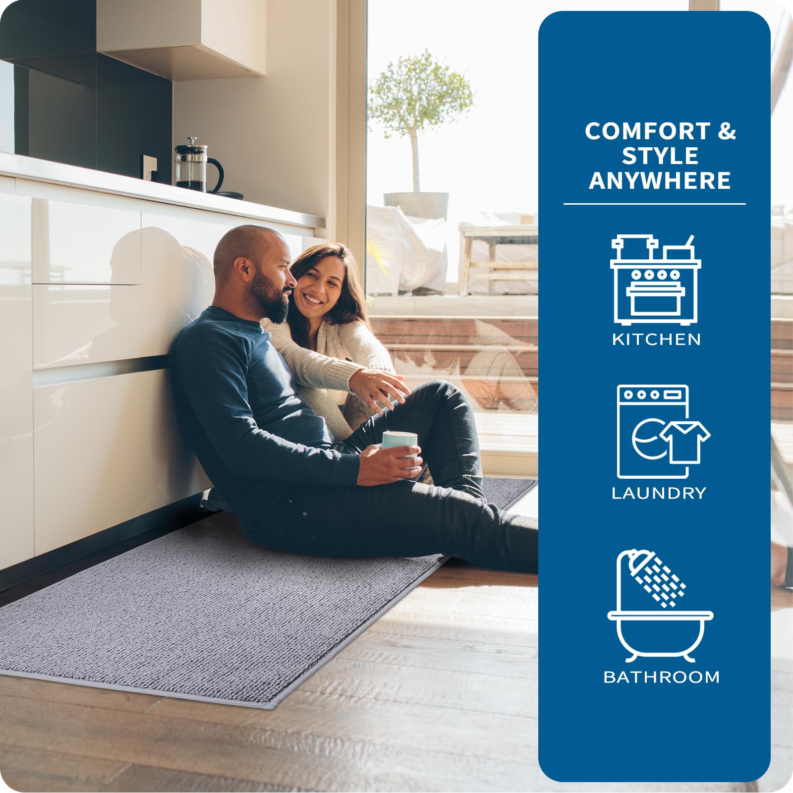 PURRUGS Machine Washable Non-Slip Kitchen Rugs Set of 2 (17x30 + 17x48 Inch) - Super Absorbent Anti-Skid Floor Mats for Sink, Laundry & High Traffic Areas - Soft Grey Runner Rugs for Home & Kitchen Decor