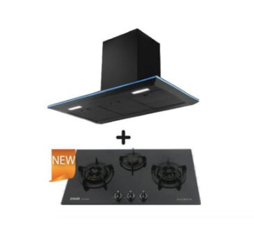 Ellane EH 2690 90cm Black Stainless Steel Designer Chimney Range Hood + Ellane WG 830SV 87cm 3 Burner Tempered Glass Gas Cooktop with Safety Features - Modern Kitchen Ventilation & Cooking Solution for Home Chefs