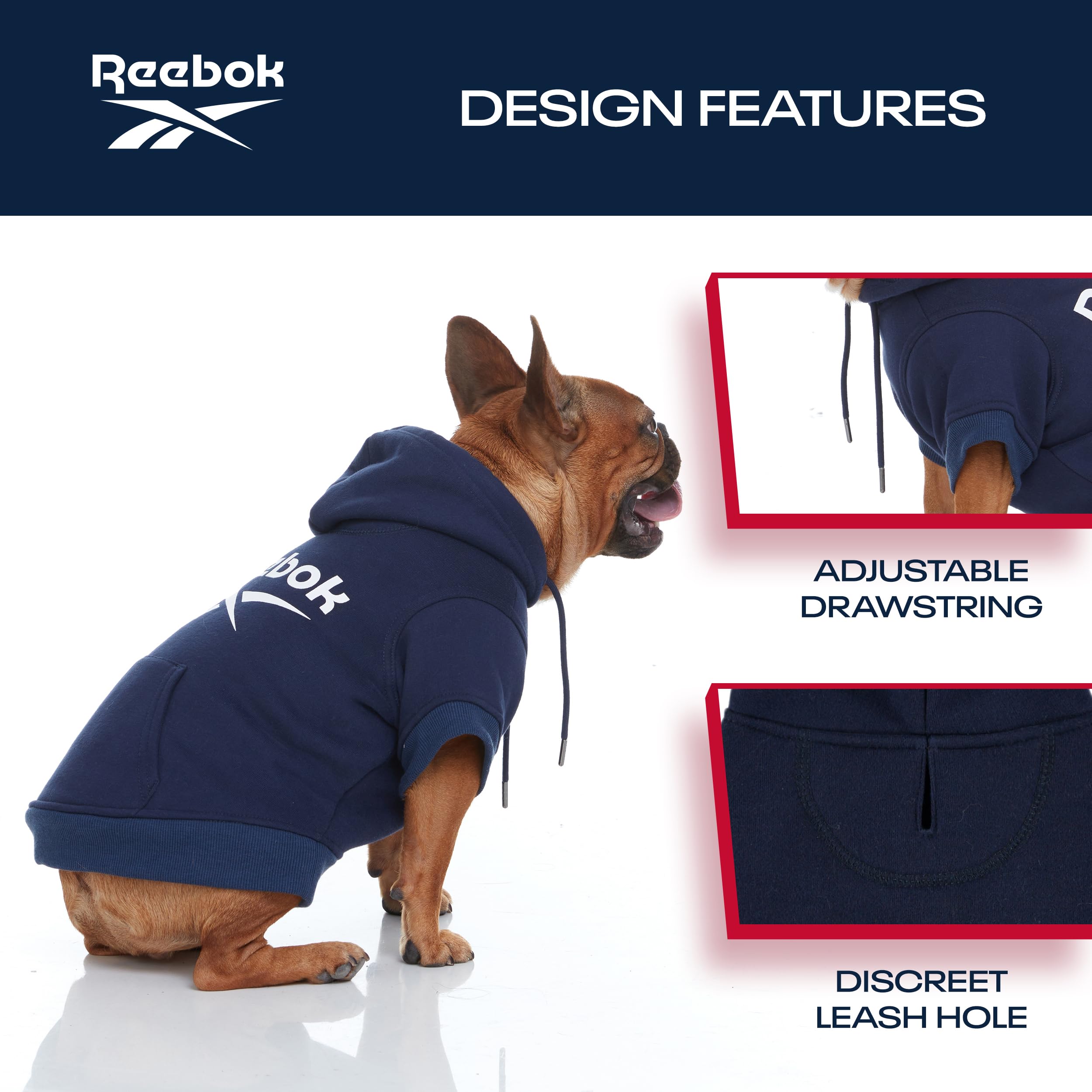 Reebok Fleece Dog Hoodie with Leash Hole - Warm Winter Dog Sweater for Small, Medium & Large Dogs | Premium Pullover Hooded Sweater for Fall & Christmas | Cozy Pet Outfit for Cold Weather Walks & Holiday Photos