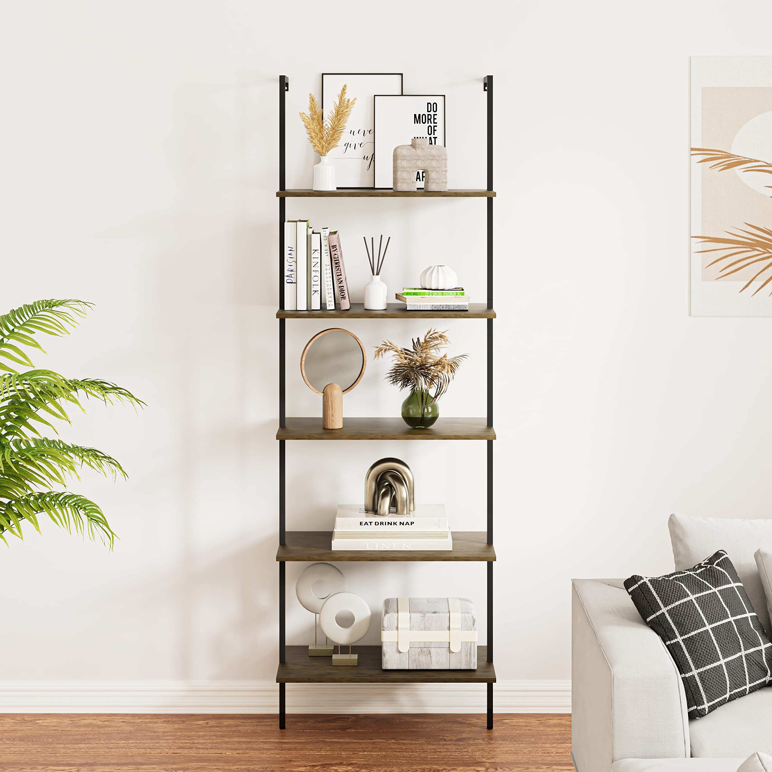 5-Tier Ladder Shelf Set of 2 - Modern Tall Bookshelf for Home & Office - Open Wall Mount Storage Bookcase - Industrial Style Standing Leaning Shelves - Perfect for Living Room, Bedroom & Office Organization (Brown)