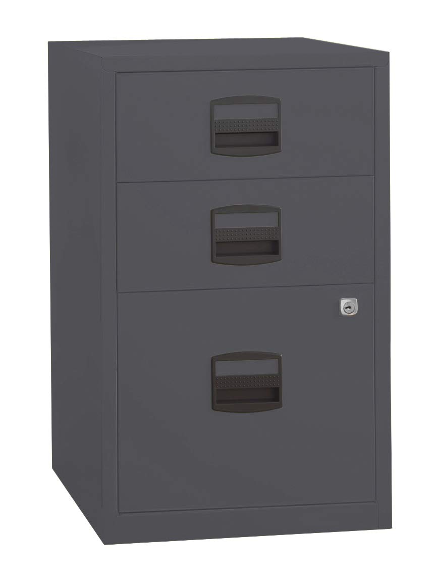 Bisley FILE3-CH 3-Drawer File Cabinet in Charcoal - Compact Storage for Home Office, Business, and Workspace Organization
