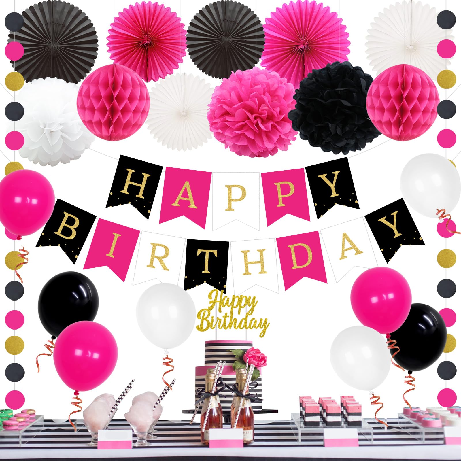 Hot Pink & Black White Happy Birthday Bunting Banner, Tissue Pom Poms, Paper Fans & Circle Dots – Elegant Birthday Party Decorations for Women & Girls – Perfect for Indoor & Outdoor Celebrations, Baby Showers & Bridal Showers