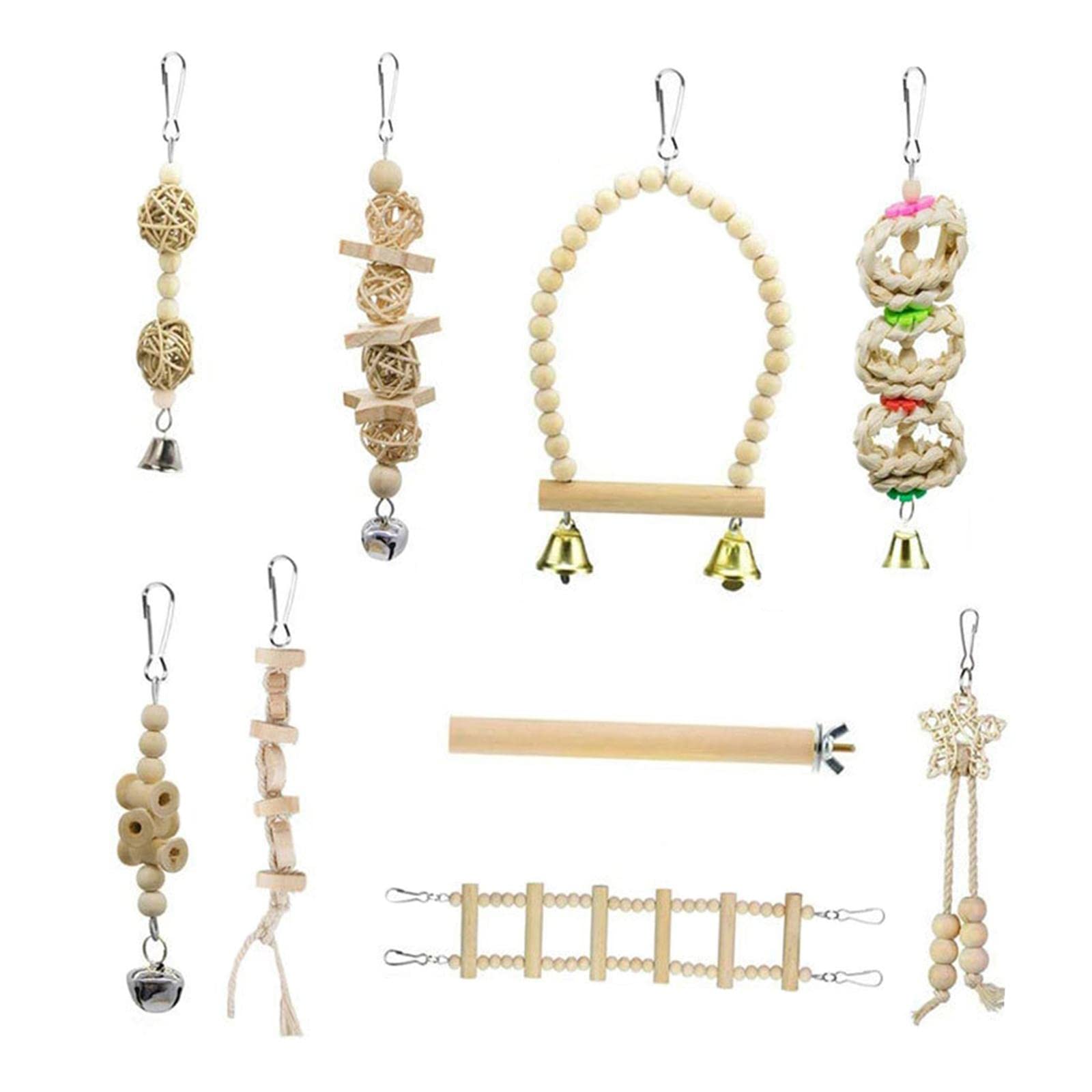 Baoblaze 9-Piece Wooden Bird Parrot Swing & Chew Toy Set with Hammock, Perch & Bell - Cage Accessories for African Grey, Cockatiels, Lovebirds - Perfect for Play, Exercise & Mental Stimulation