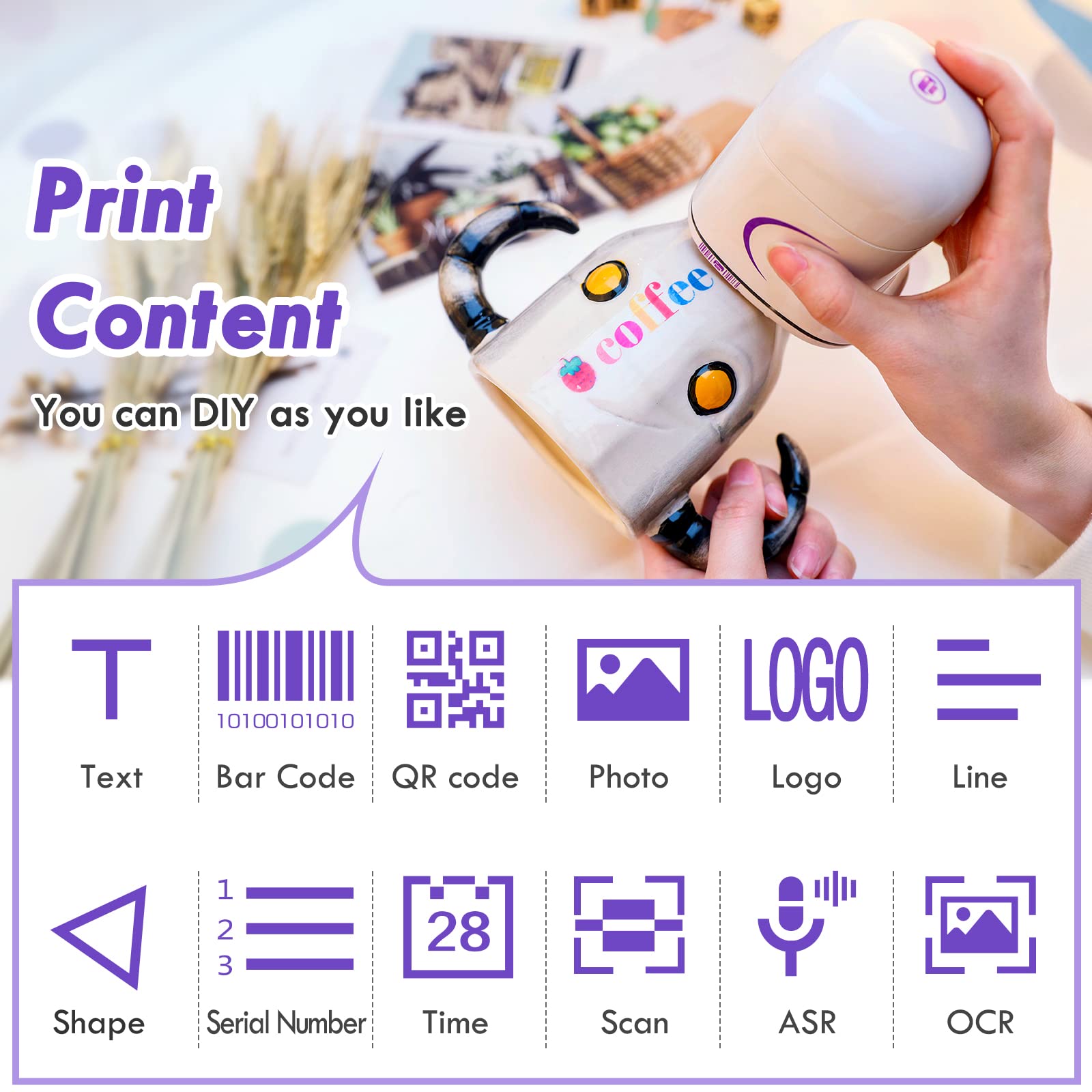 PEKOKO Portable Mini Handheld Inkjet Printer - Wireless Barcode & Label Printer, 1200dpi High Resolution for Home, Office & Retail Use