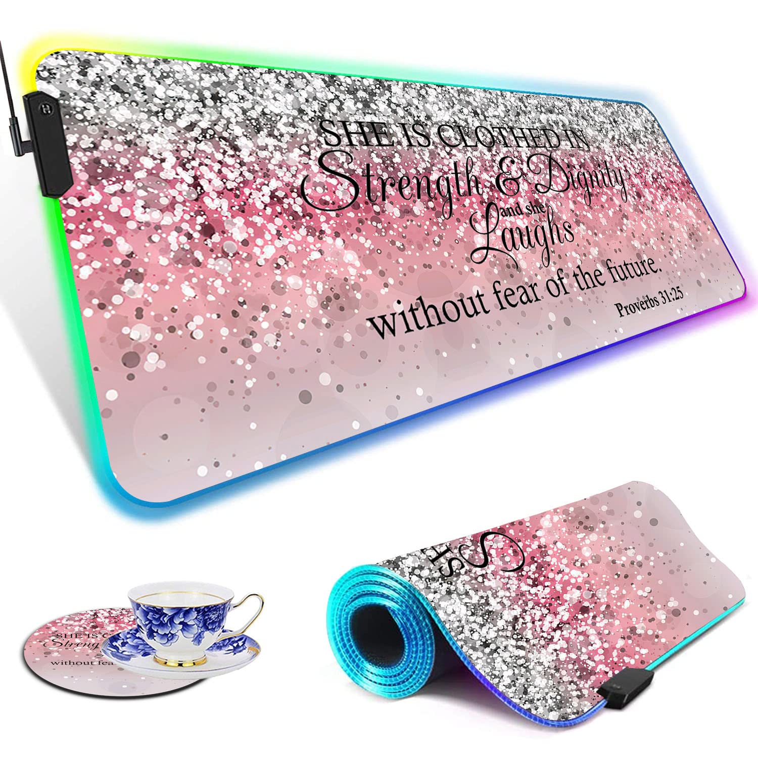 RGB LED Gaming Mouse Pad with Non-Slip Base - Large Extended Keyboard & Mouse Desk Mat with Pink Sparkle Glitter Design & Proverbs 31:25 Bible Verse - Perfect for PC Gaming Setup, Office Work & Home Decor