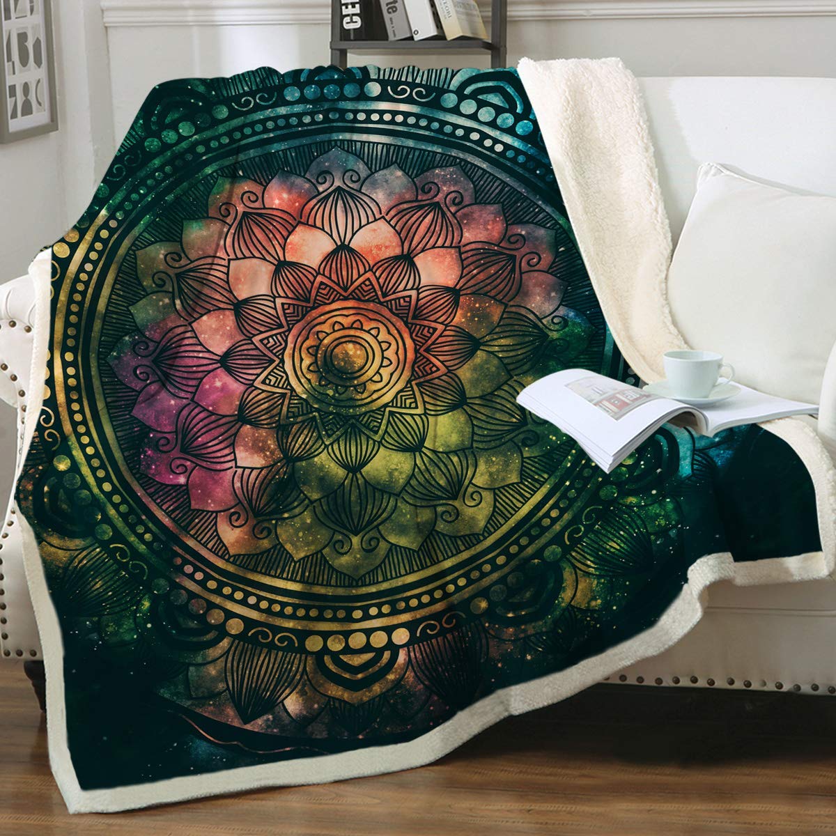 Sleepwish Boho Chic Plush Fleece Blanket - Malachite Gold Mandala & Lotus Flower Design - King Size 108x90 Inches - Ultra Soft Sherpa Throw for Bed, Sofa & Office - Perfect for Cozy Nights, Home Decor & Gift Giving