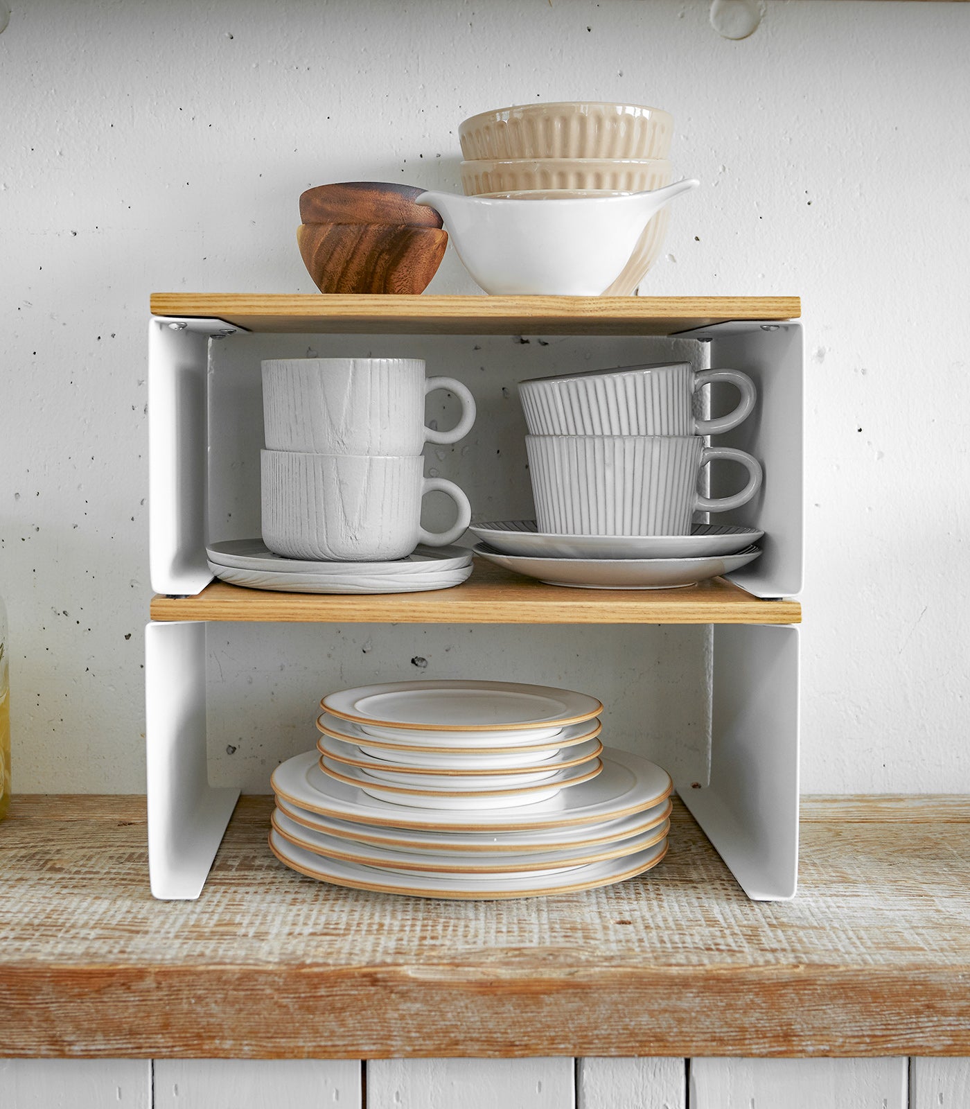 Stackable Countertop Shelf Organizer - 2 Sizes (Steel & Wood) for Kitchen, Bathroom & Office Storage