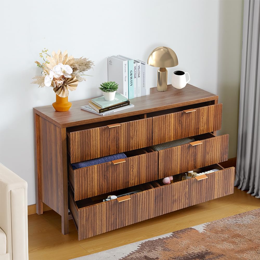 6 Drawer Solid Wood Dresser Cabinet - Farmhouse Style Nightstand with Storage, Mid Century Modern TV Stand for Bedroom & Closet Organization (Walnut) | Perfect for Bedroom, Living Room & Home Office Storage Solutions