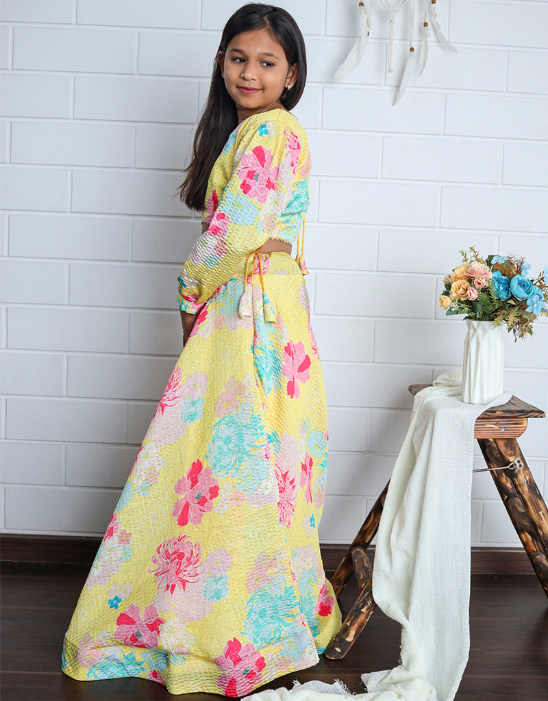 All-Season Designer Chinon Sequins Crochet Digital Print Kids Lehenga Choli Set in Yellow - Perfect for Festivals, Weddings & Special Occasions