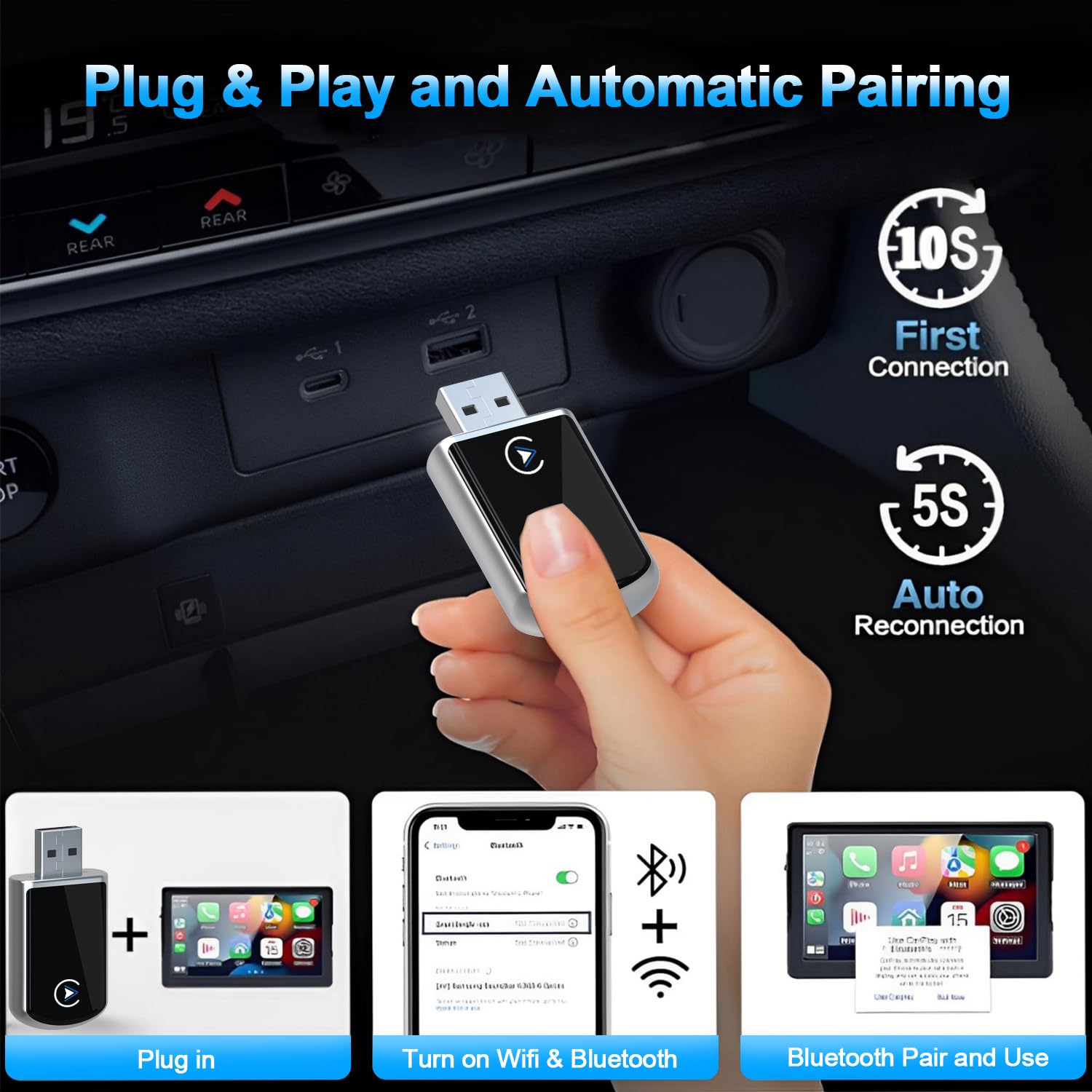 Wireless CarPlay Adapter for iPhone & Android - 2-in-1 USB A to C Plug & Play CarPlay Dongle for iOS 10+ & Android 11+ (2014+ Cars) - Enjoy Hands-Free Calls, Music & Navigation While Driving