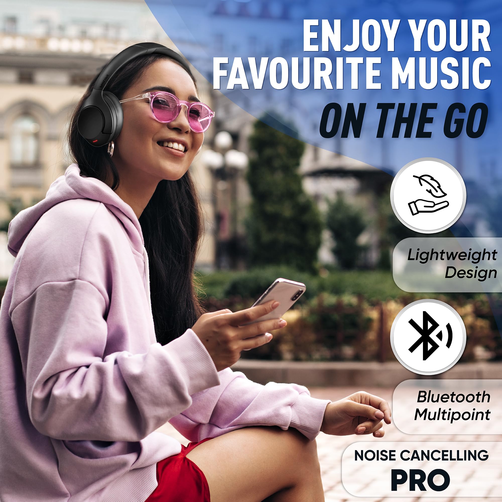 Philips Wireless Noise Cancelling Over-Ear Headphones with Bluetooth, Removable Mic & Touch Control - 55H Playtime for Travel, Work & Gaming