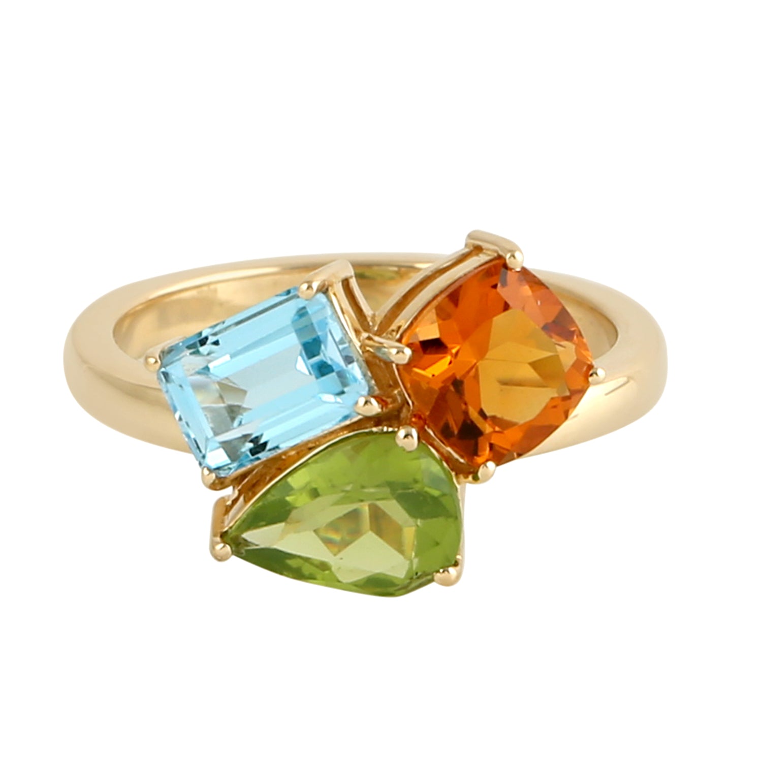 Handmade 18k Yellow Gold Blue Topaz Peridot Citrine Three Stone Ring - Elegant Jewelry for Weddings, Anniversaries & Special Occasions
