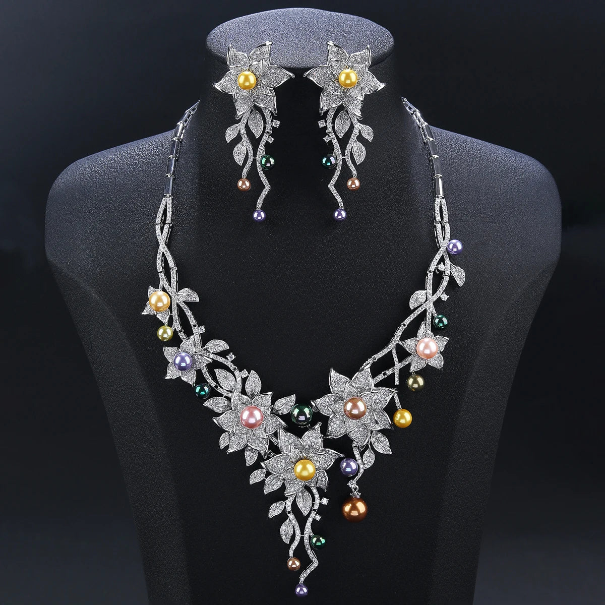 Luxury Cubic Zirconia Pearl Statement Necklace & Earrings Set - Elegant Jewelry for Women, Party & Evening Wear - Perfect for Weddings, Prom & Special Occasions