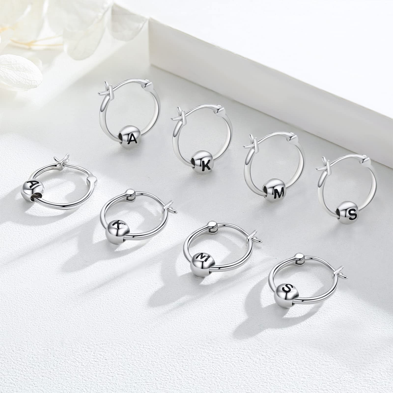 Personalized A-Z Initial Letter Earrings - 925 Sterling Silver Huggie Hoop Earrings with Bead Design | Hypoallergenic Jewelry Gift for Women | Perfect for Sensitive Ears, Everyday Wear, Birthdays & Special Occasions