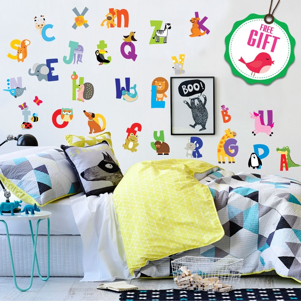 ABC Alphabet Stickers - Animal Themed Wall Decals for Kids Room & Classroom Decor - Reusable Letter Stickers with Free Gift - Perfect for Nursery, Playroom & Learning Spaces